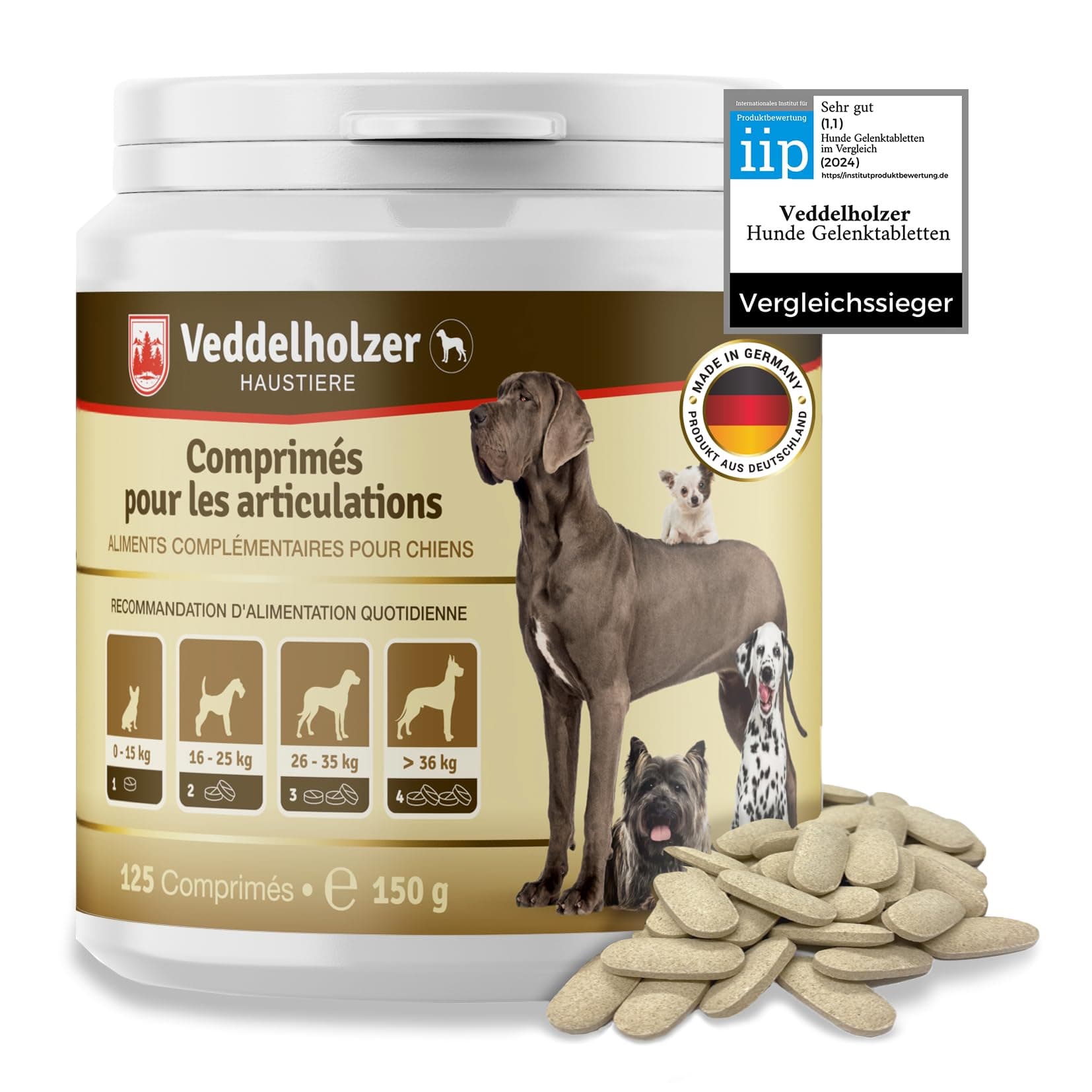 Veddelholzer Comprimés pour Les articulations des Chiens à Base de moules Vertes, de MSM, de Griffe du Diable, de glucosamine et de collagène. 125 Capsules à Utiliser comme friandises