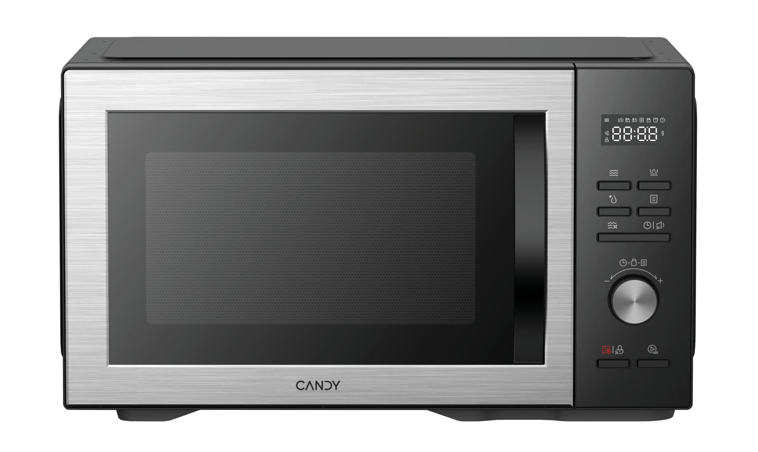 Candy Essenza Microondas con Grill, 31L, 1000W-1500W, 5 Niveles de Potencia, Autolimpieza, Automenús, Alerta Acústica Finalización, Grill Rack, Descongelación, Apertura Izquierda, Negro e Inox