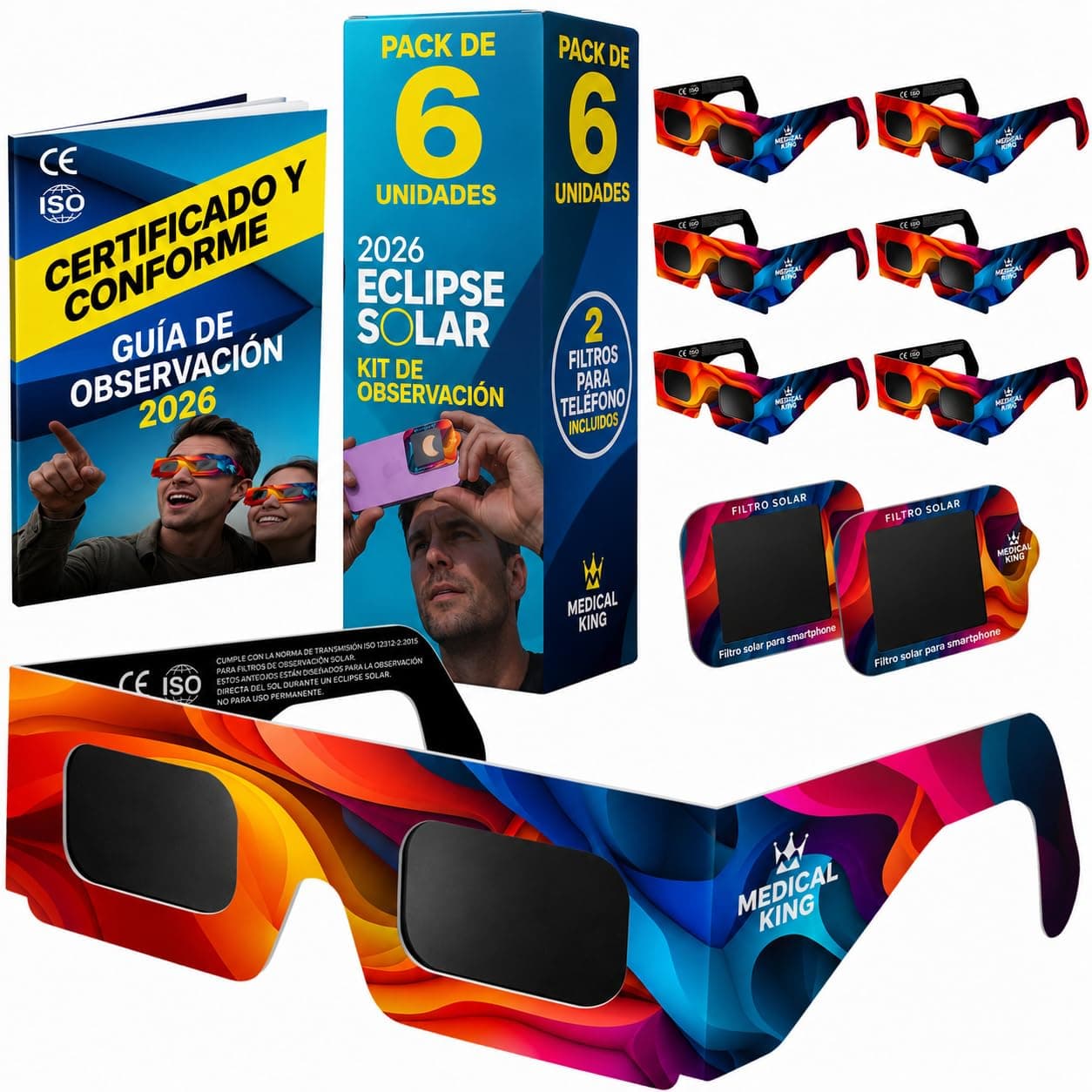 Medical king Gafas Eclipse Solar Homologadas ISO 12312-2 - Viene Con 2 Lentes Fotográficos Para Smartphone Aprobados según la norma ISO, con certificación CE: Gafas para ver eclipses solar 2026