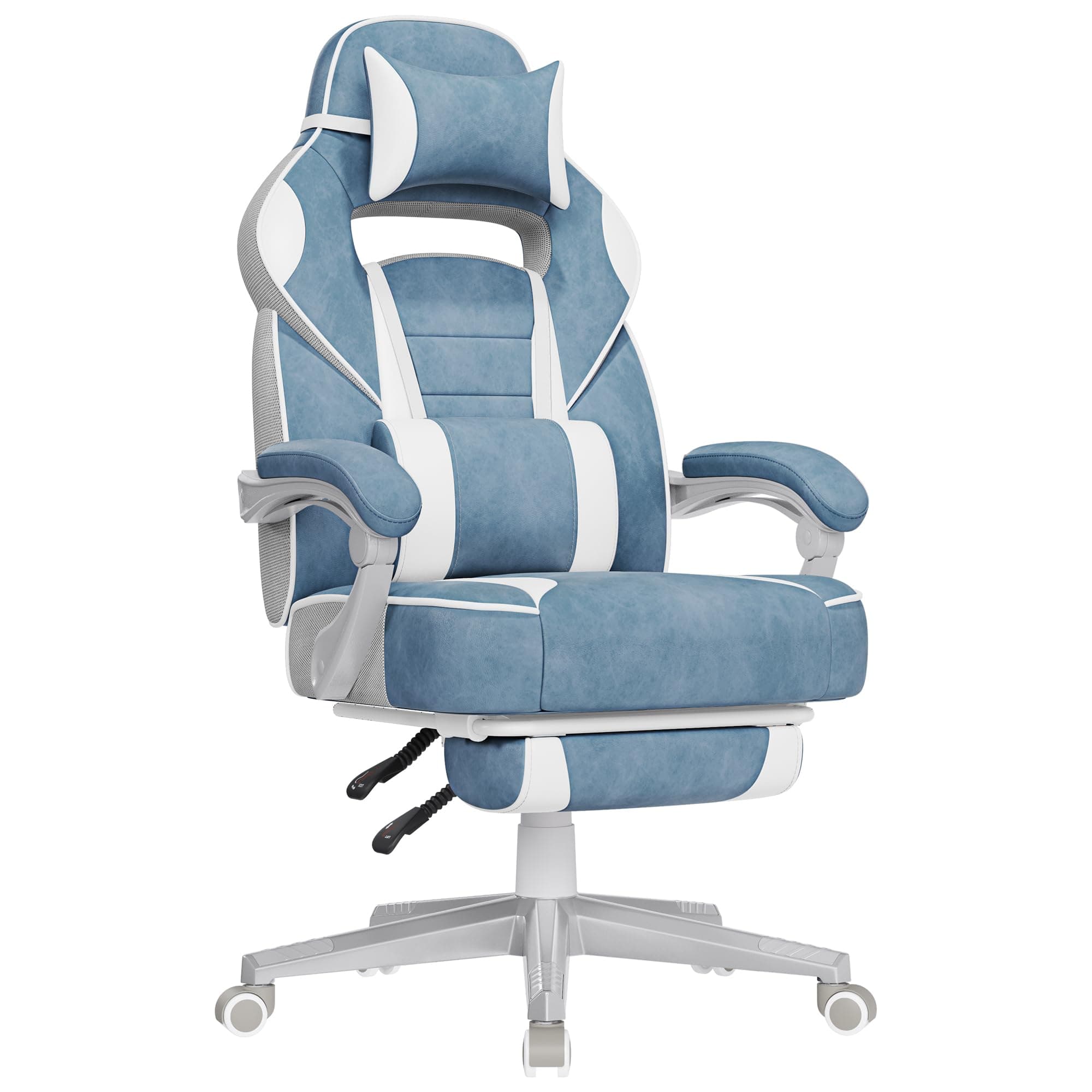 SONGMICS Sedia da Ufficio, Poltrona Racing Ergonomica, Poggiapiedi Telescopico, Schienale Inclinabile, Poggiatesta e Supporto Lombare, Portante di 150 kg, Blu Turchino e Bianco Crema OBG073Q01