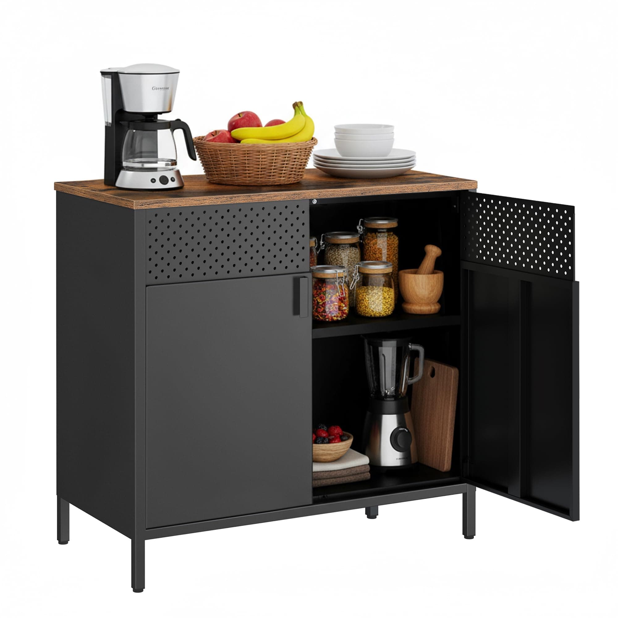 SONGMICS Mobiletto Contenitore, Credenza in Metallo, Doppia Anta con Chiusura Magnetica, Ripiani Regolabili, Struttura in Acciaio, 40 x 80 x 76 cm, Marrone Vintage e Nero Inchiostro LSC102B01