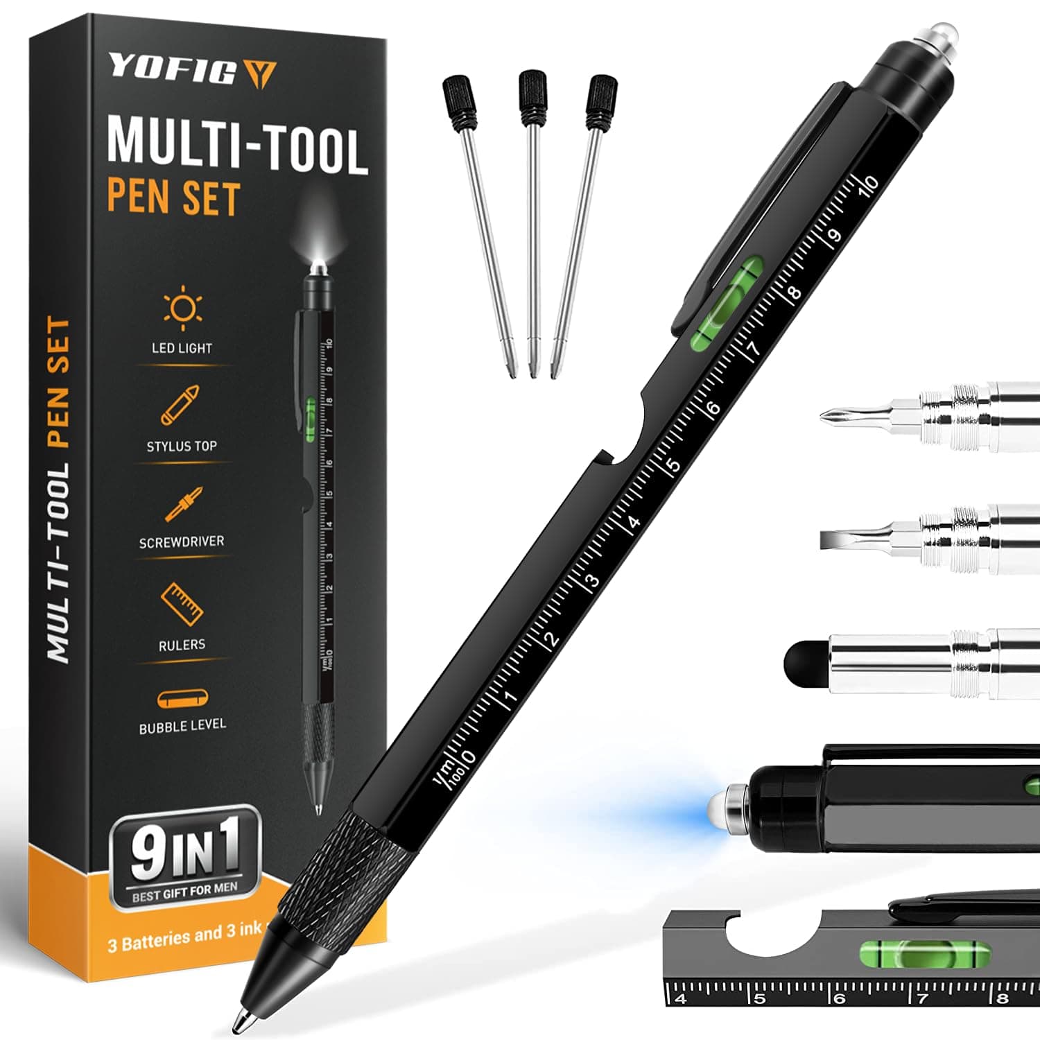 YOFIG Cadeau Homme, Cadeau Fete des Peres, Stylo Multifonction 9 en 1, Idee cadeaux Homme Original, Gadget Insolite Utile Stylo Personnalisé, cadeaux Fête des Pères