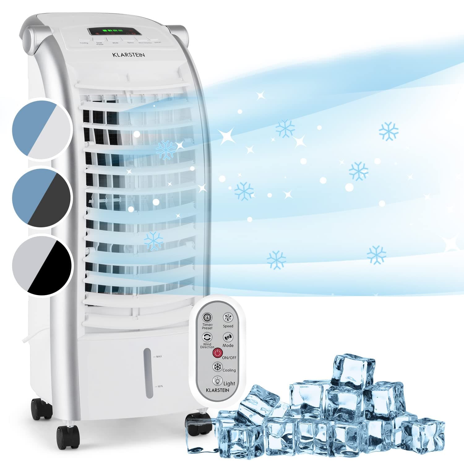 Klarstein Rafraichisseur d'Air 4 en 1, Climatiseur Portable, Humidificateur, Ventilateur, Ioniseur, Climatiseur Mobile Sans Évacuation, Pack Glacons, Réservoir 6L, 65W, Puissant Débit d'Air 444m³/h