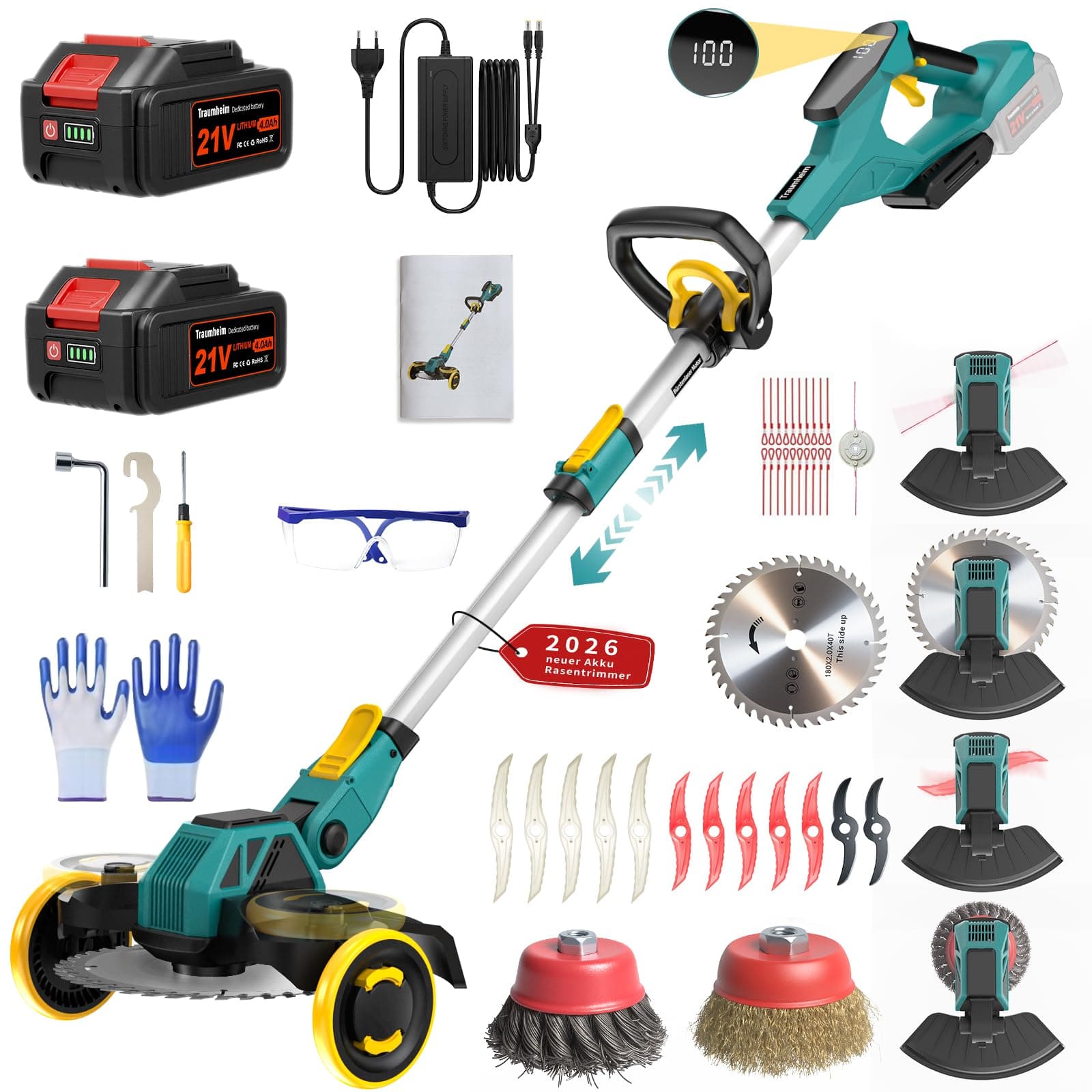 Coupe-Herbe sans Fil 21V, Compatible avec Batteries Makita, Débroussailleuse avec Brosse de désherbage, 2 Batteries 4.0Ah incluses, Moteur sans balais 900W pour pelouse, Jardin, Cour (Bleu)