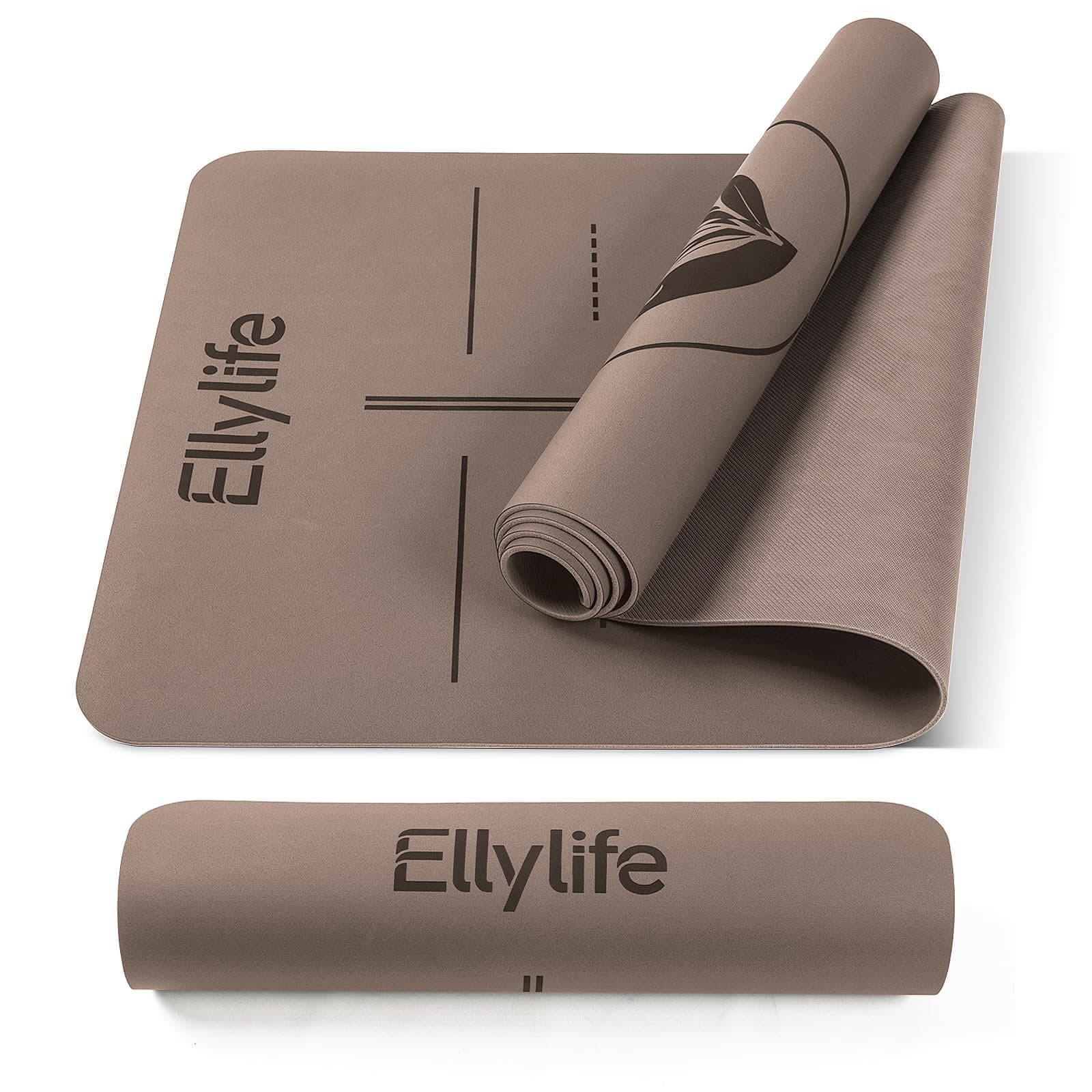 Ellylife Tappetino Yoga Antiscivolo Spesso, con segni di allineamento del corpo, Gomma naturale + TPE ecologico o PU, Delicato sulla pelle, Forte presa, con Cinghia, per Yoga, Pilates e Fitness