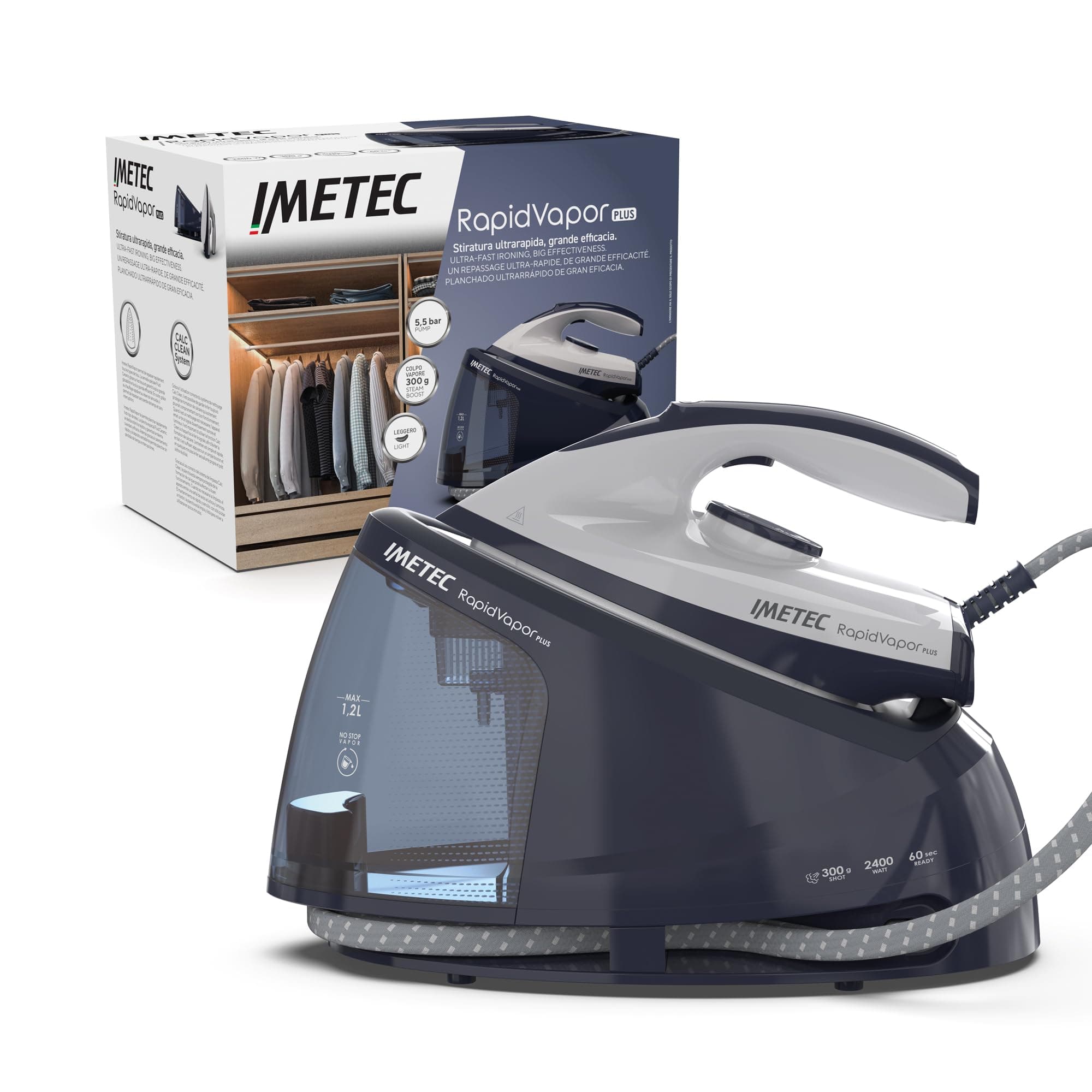 Imetec Rapidvapor Plus – Ferro da stiro generatore di vapore | Pressione pompa 5,5 bar | Colpo vapore 300 g | Serbatoio 1,2 L | Piastra Fluid Ceramic | Pronto in 1 minuto