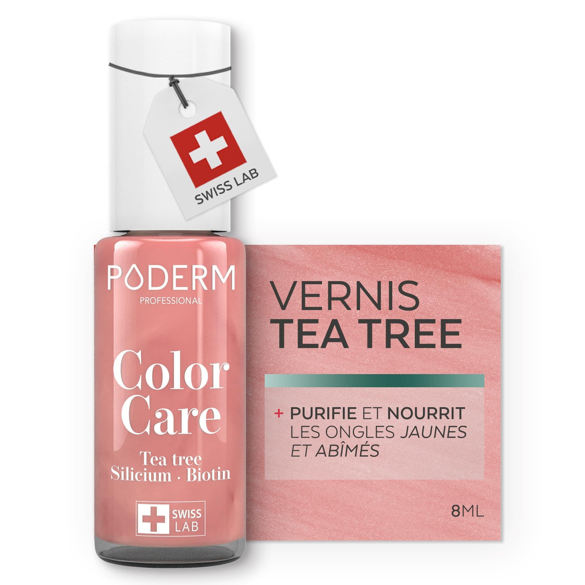 PODERM Vernis Soin au Tea Tree - Or Rose Brillant | Swiss Lab - 8ML | Enrichis en Tea Tree, Silicium & Biotine | Purifie, Clarifie & Nourrit les Ongles Jaunes et Abîmés | Créé par une Podologue