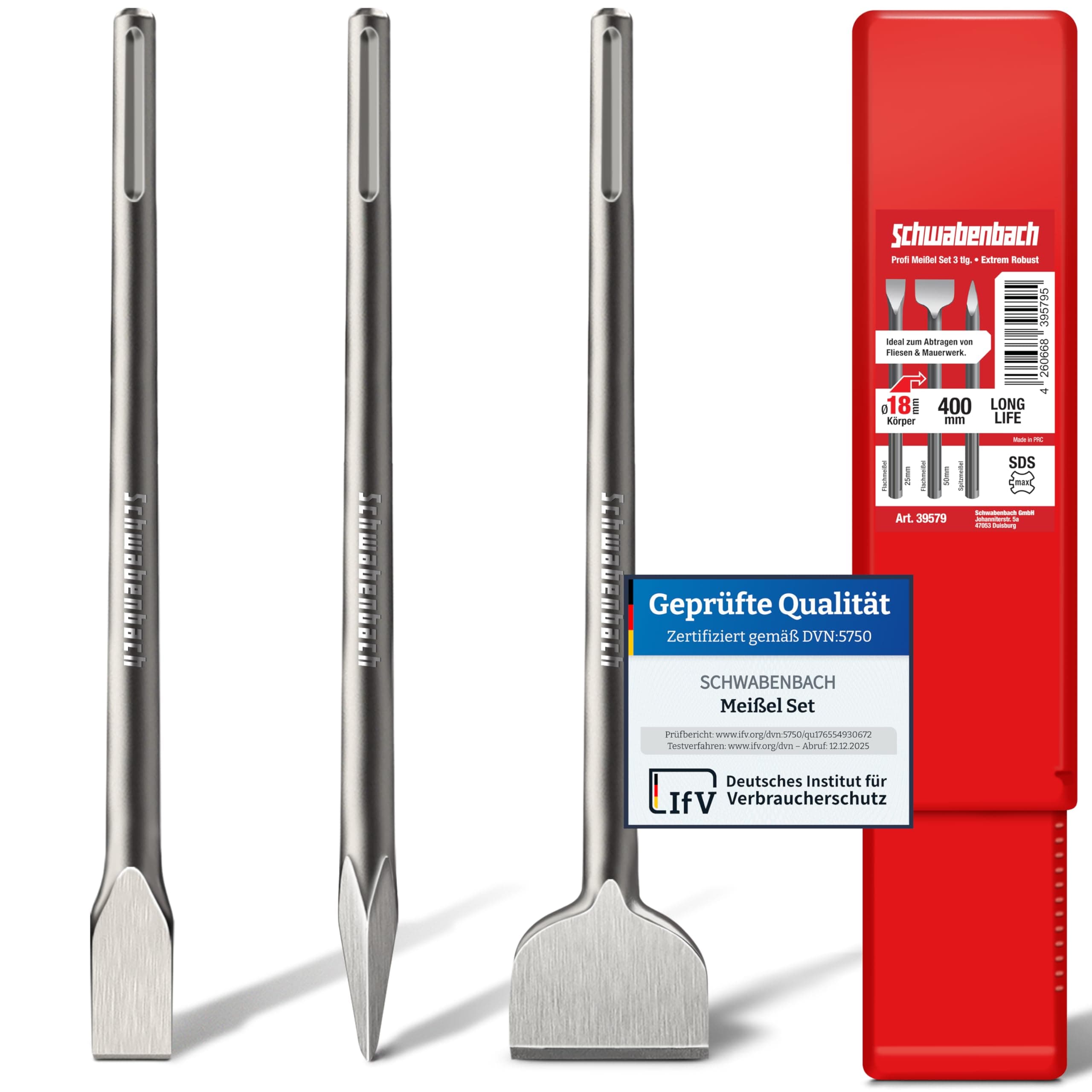 SCHWABENBACH® Burin SDS Max – Jeu 3 pièces : 25 mm + 50 mm + pointe – Burin plat SDS Max professionnel – Pour marteau perforateur et béton – Set Premium compatible Bosch, Hilti, Metabo