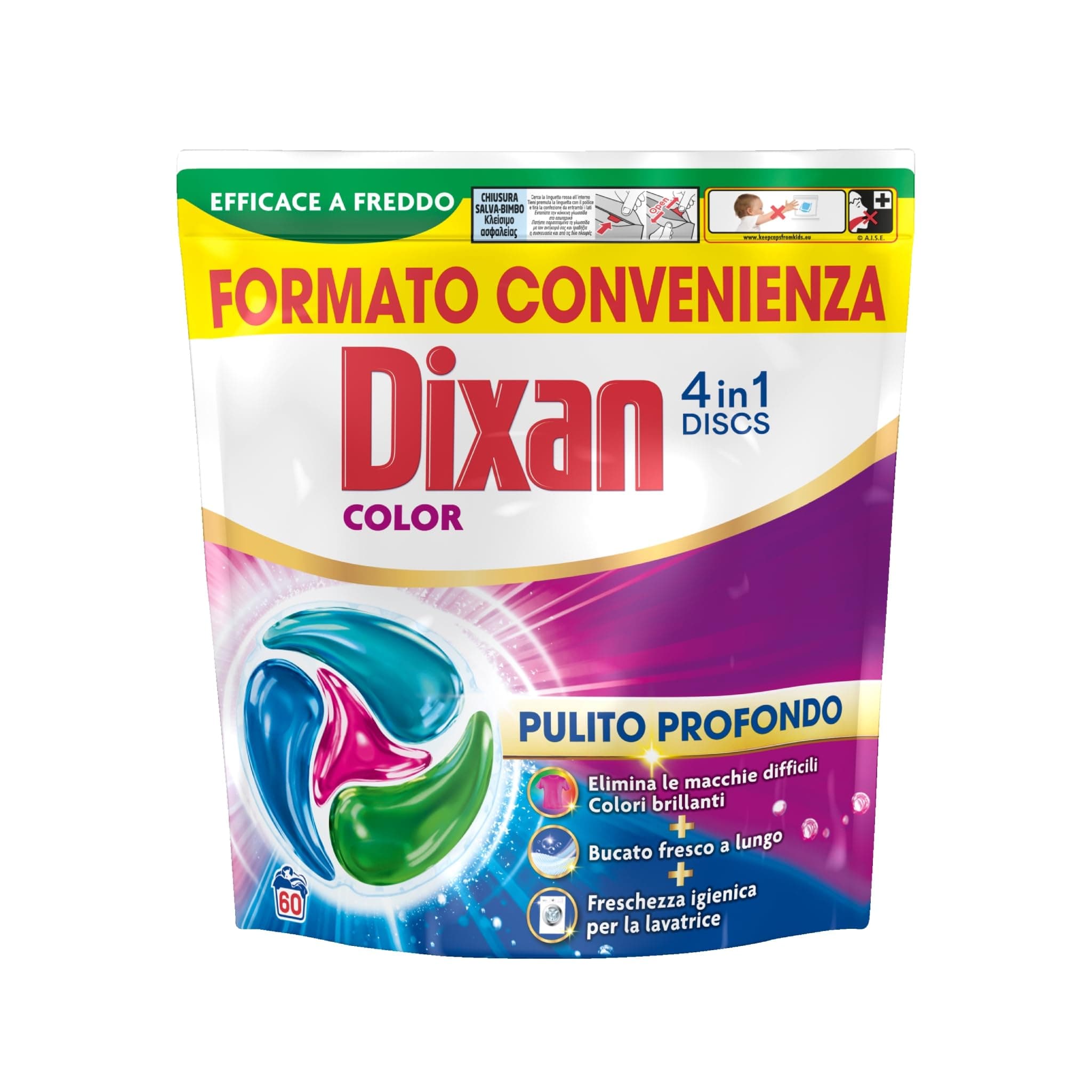 Dixan DISCS 4in1 Color Detersivo Lavatrice, 60 Lavaggi, Capsule lavatrice per colori vivaci, pulizia profonda del bucato e freschezza igienica per la lavatrice, Rimuove le macchie da 20°C