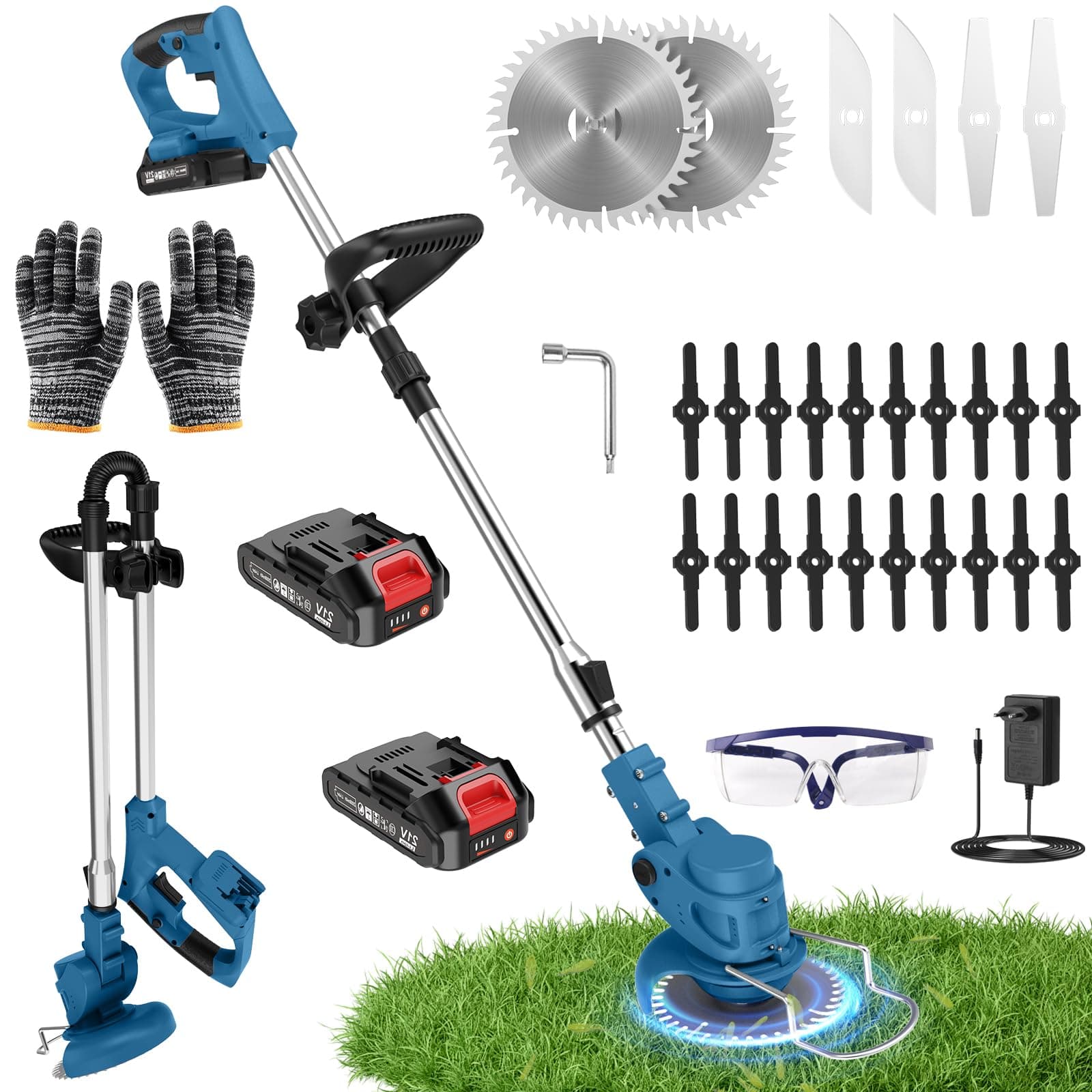 Debroussailleuse Electrique sans Fil 850W Rotofil Batterie 1.8kg Pliable 60cm Manche Telescopique 2X 2000mAh 26 Lames 4 Types pour Entretien Jardin (Bleu Encre)