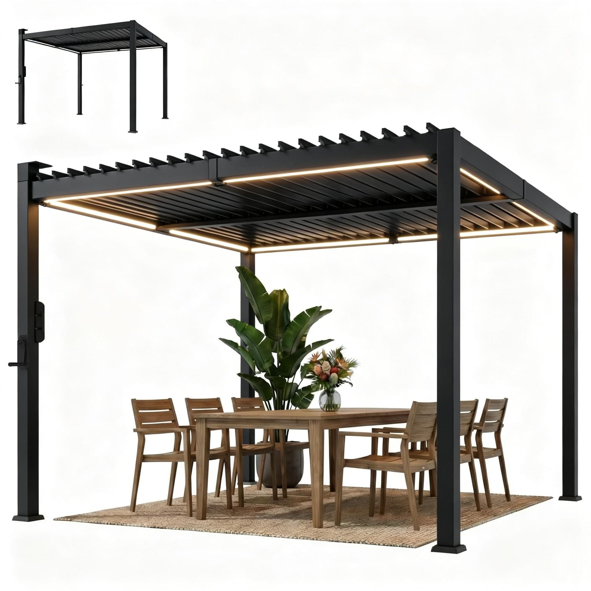 Outsunny Pergola bioclimatique 3x3m avec lumières LED solaires, pergola à Lames orientables, Toit métallique, gouttières, manivelle, tonnelle de Jardin abri terrasse, Protection Soleil, Noir