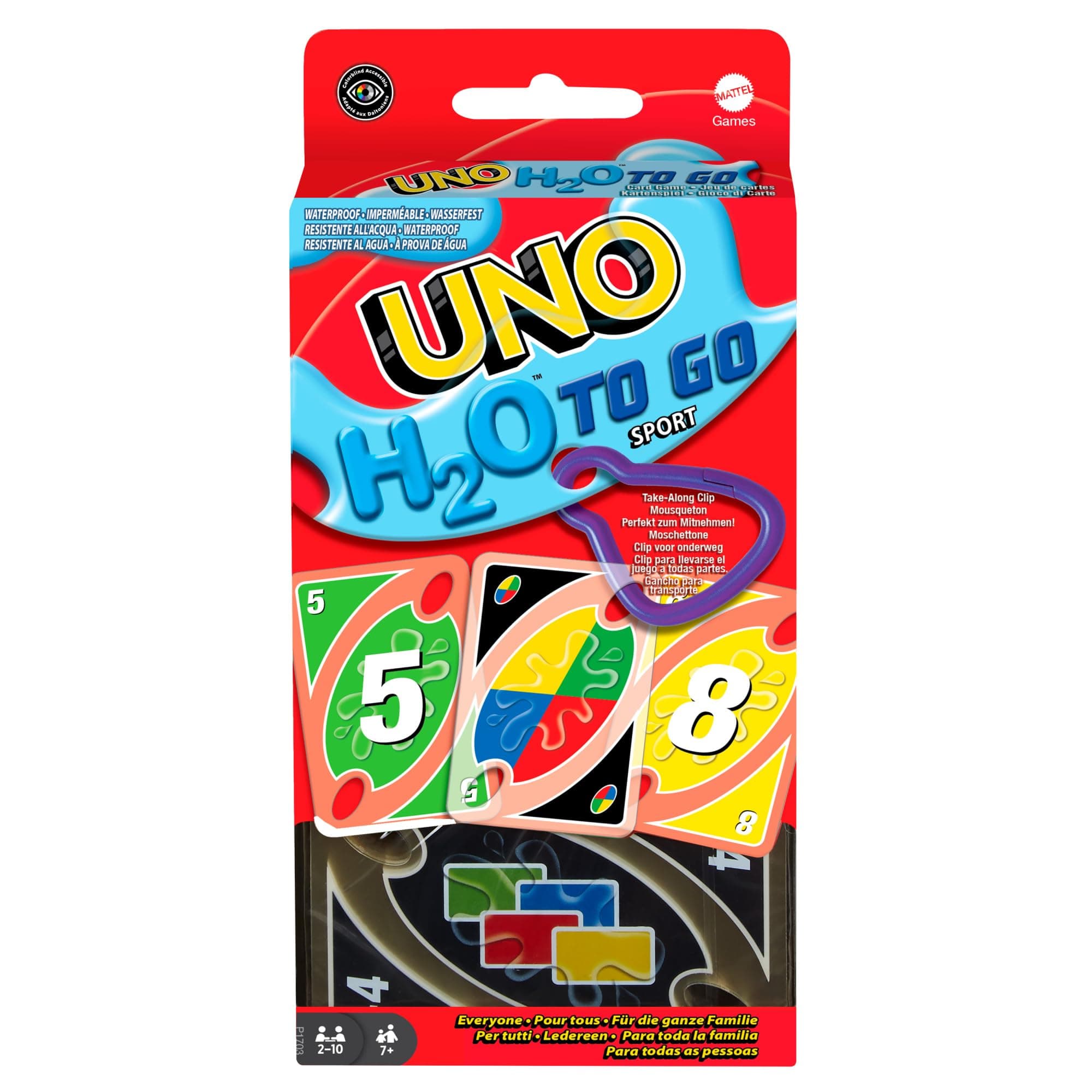 UNO SPORT, Jeu de 108 cartes en plastiques imperméables avec un mousqueton pour transport facile, Jeu de Société, Jeu de bain, 2 à 10 joueurs -individuellement ou par équipes, Dès 7 ans, P1703