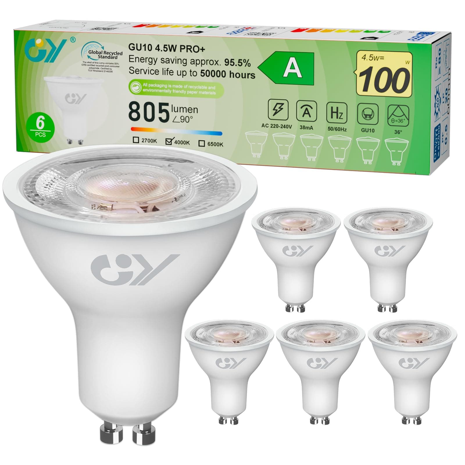 GY GU10 LED spot 4.5W bombilla gu10 led, Luz fría 6500K 805 Lumen, 4.5W equivalentes a 100W, ángulo de haz 36°, bombilla bajo consumo,No Regulable,6 piezas