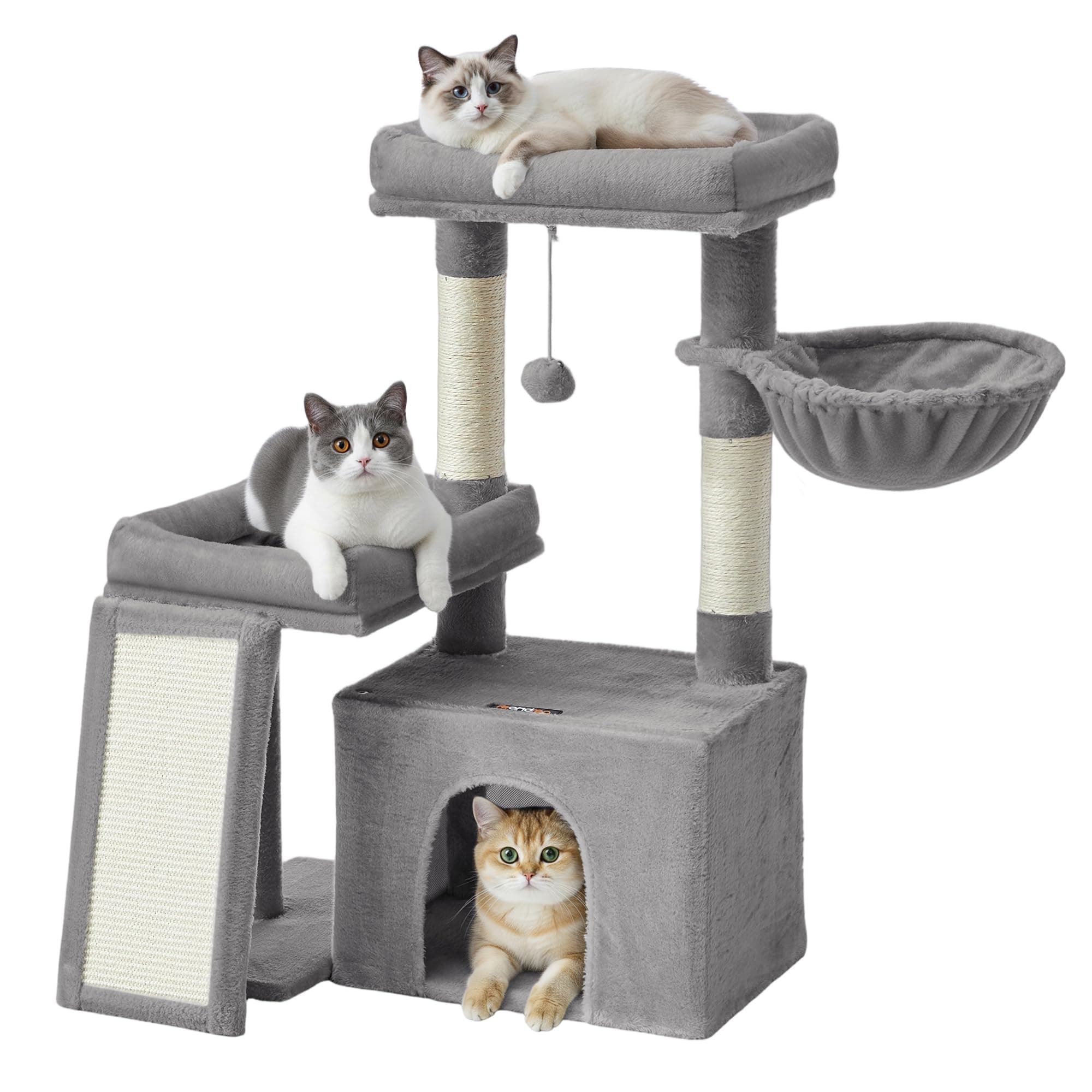 Feandrea Albero per Gatti, Tiragraffi in Sisal e Peluche, 50 x 40 x 90 cm | Ideale per Più Gatti, con 2 Cucce e Amaca, per Gatti Piccoli e Anziani, Grigio Tortora, Collezione CLAWFY PCT013GD01