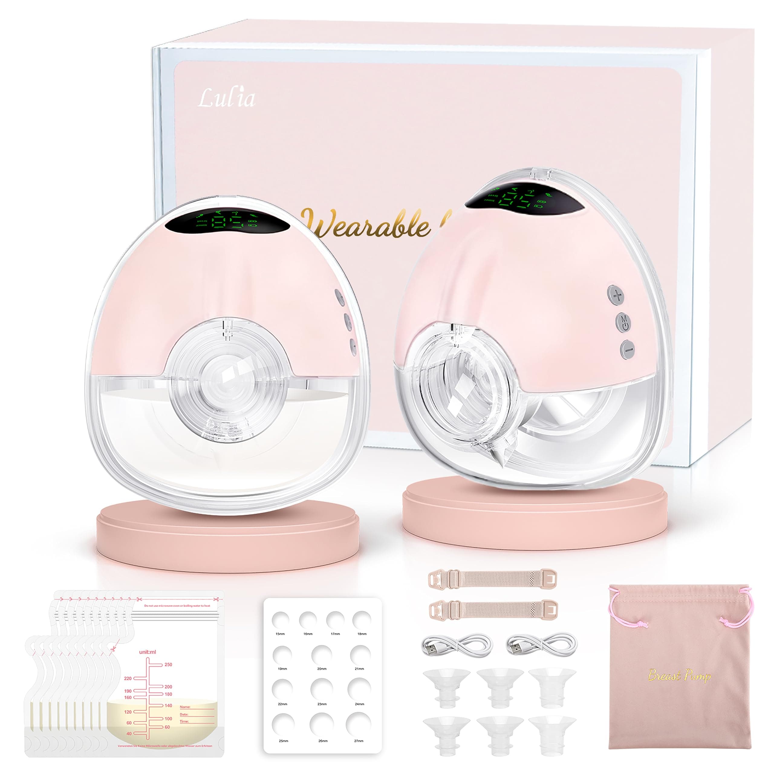 Lulia Tire Lait Electrique Main Libre LU05, 4 Modes 9 Niveaux, 350mmHg Forte Aspiration, Sans Douleur, Komfortabler, Sans BPA, avec Bride de 17/19/21/24 mm (Rose - 2 Paquets)