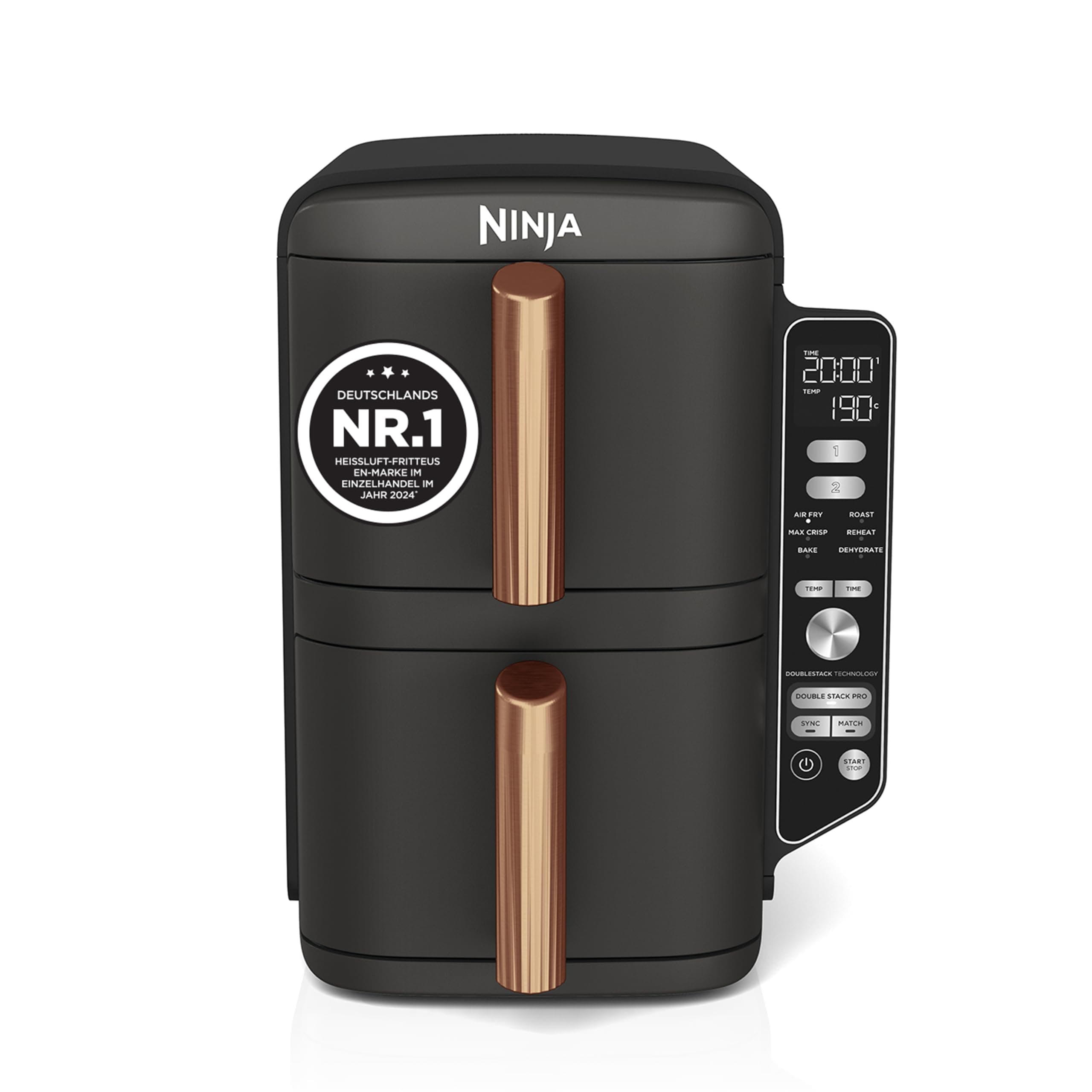 Ninja Double Stack XL Heißluftfritteuse, 2 vertikale Schubladen, 4 Kochstufen, 2 Einschübe, platzsparendes Design, 9,5 L Fassungsvermögen, 6 Funktionen, 8 Portionen, Zange, Schwarz/Kupfer SL400EUCP