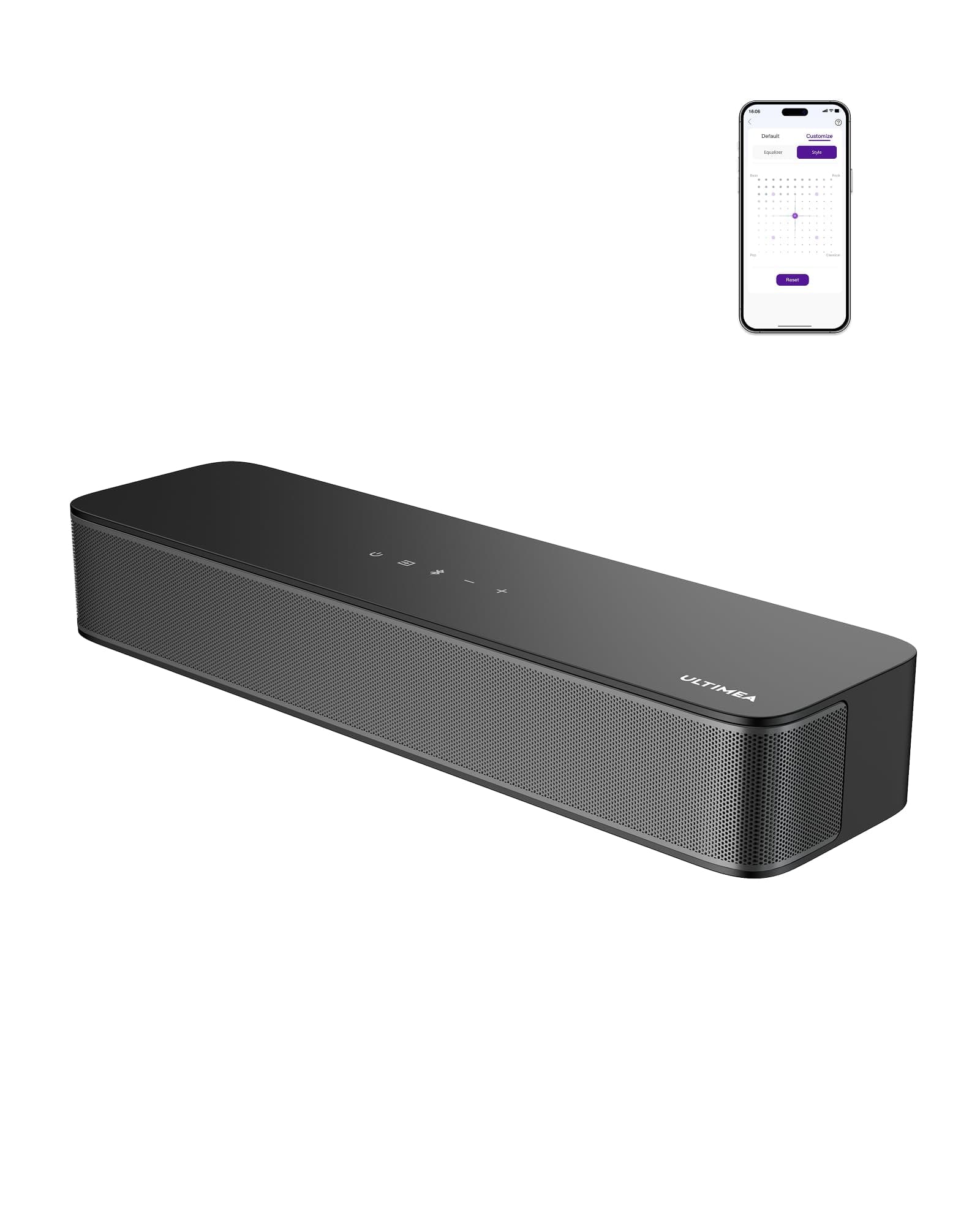 ULTIMEA Barra de Sonido 2.1ch para TV, subwoofer Integrado,132W, Control por App, Barras de Sonido Bluetooth 5.4 VoiceMX,Graves Ajustables,soundbar Todo en uno PC, óptico/AUX, Poseidon M20 Pro