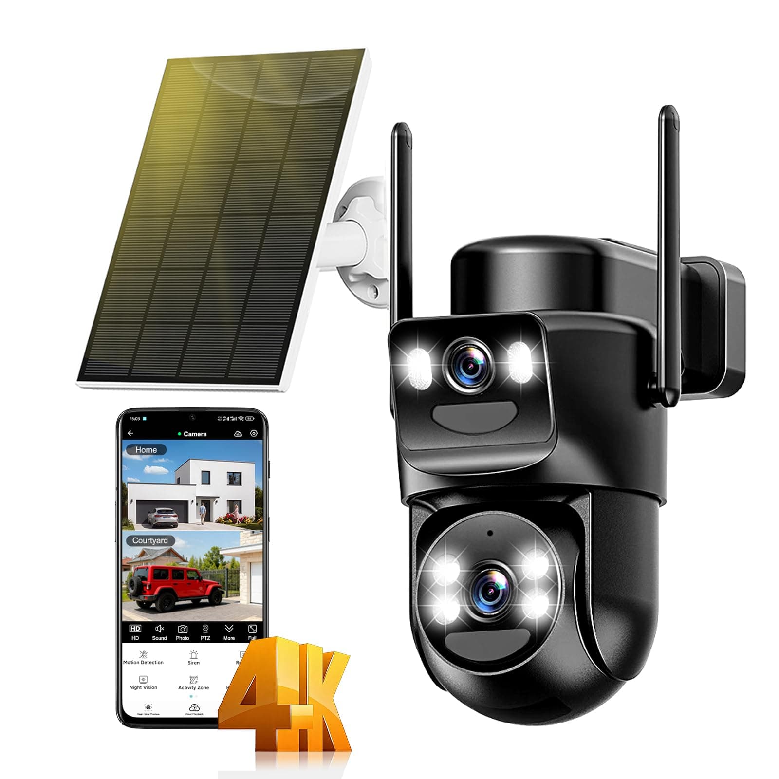 4K Caméra de Surveillance WiFi Extérieure sans Fil,8MP Double Objectif Camera Solaire Extérieur avec Panneau,360° PTZ,Vision Nocturne,Suivi Automatique,PIR Détection Humaine,Audio Bidirectionnel,IP66