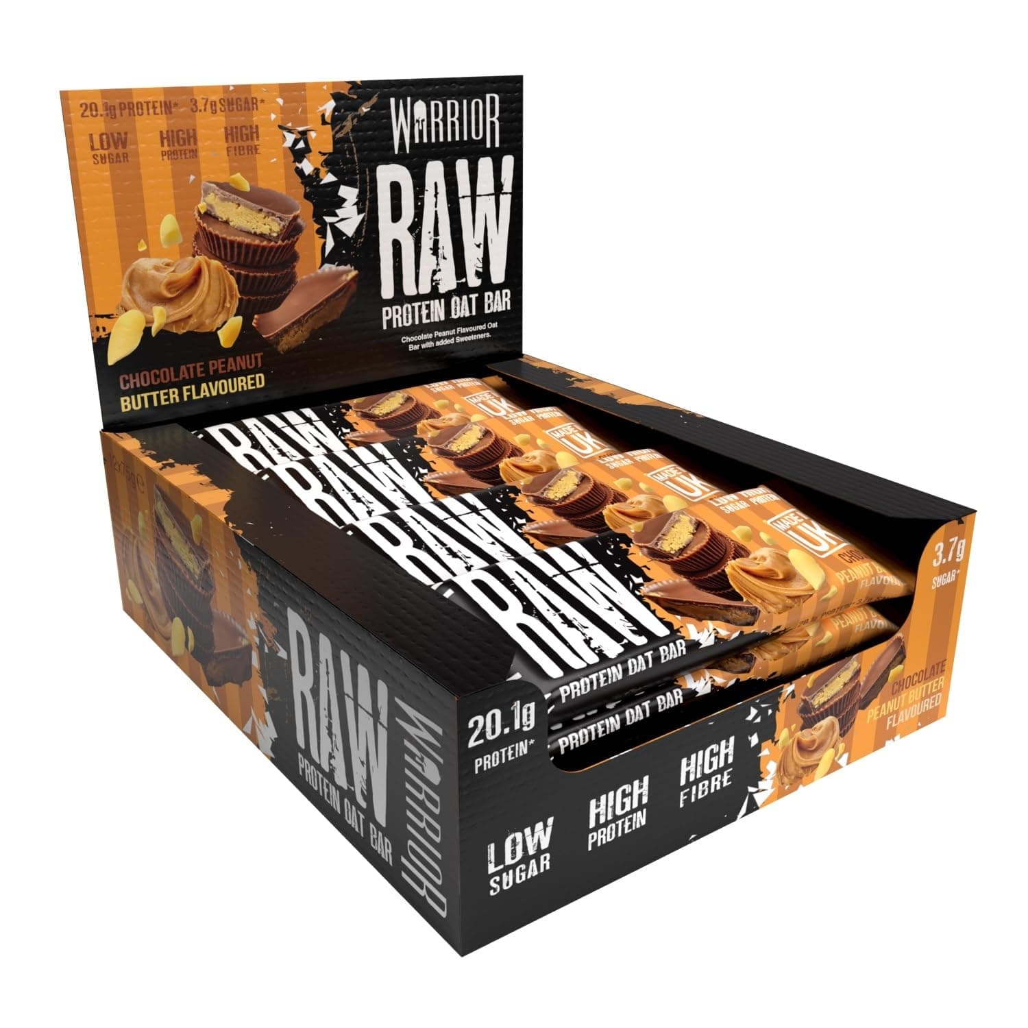 Warrior Raw Barretta Proteica 12 x 75 g – Barrette Proteiche ai Fiocchi d'Avena, Snack Proteico Senza Zucchero con Fibre e Prebiotici – Cioccolato e Arachidi