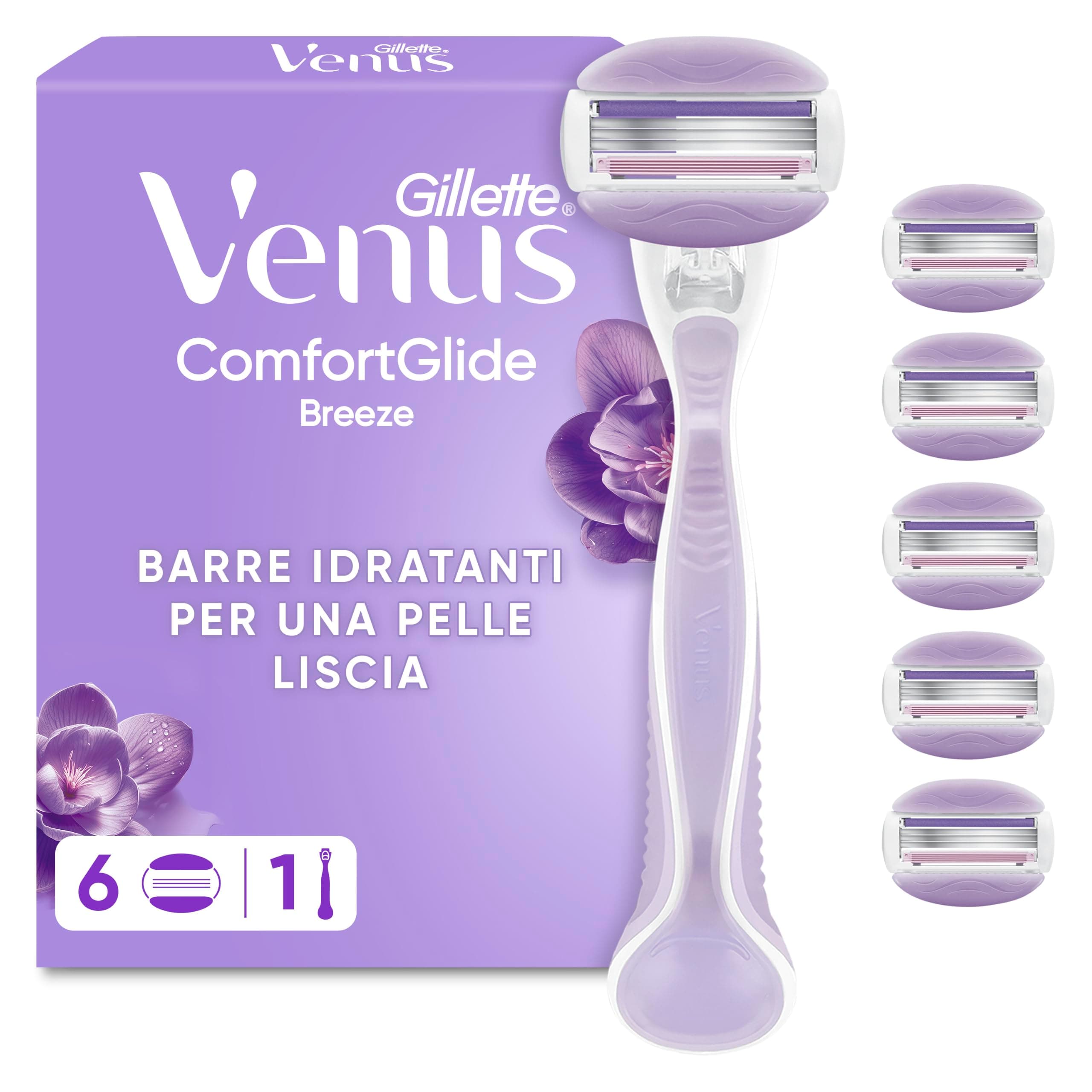 Gillette Venus Comfortglide Breeze Rasoio Donna, 6 Lamette di Ricambio | 1 Manico in Metallo Riutilizzabile, 6 Ricambi a 5 Lame per una Rasatura Liscia e Profonda che Dura
