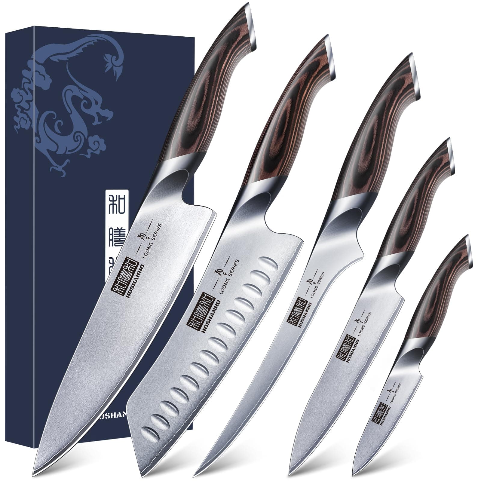 HOSHANHO Juego de Cuchillos de Cocina 5 piezas, Juego de Cuchillos Japones | Juego de Cuchillos de Chef de Acero Inoxidable de Alto Carbono Profesionales Ultra Afilados con Mango Ergonómico