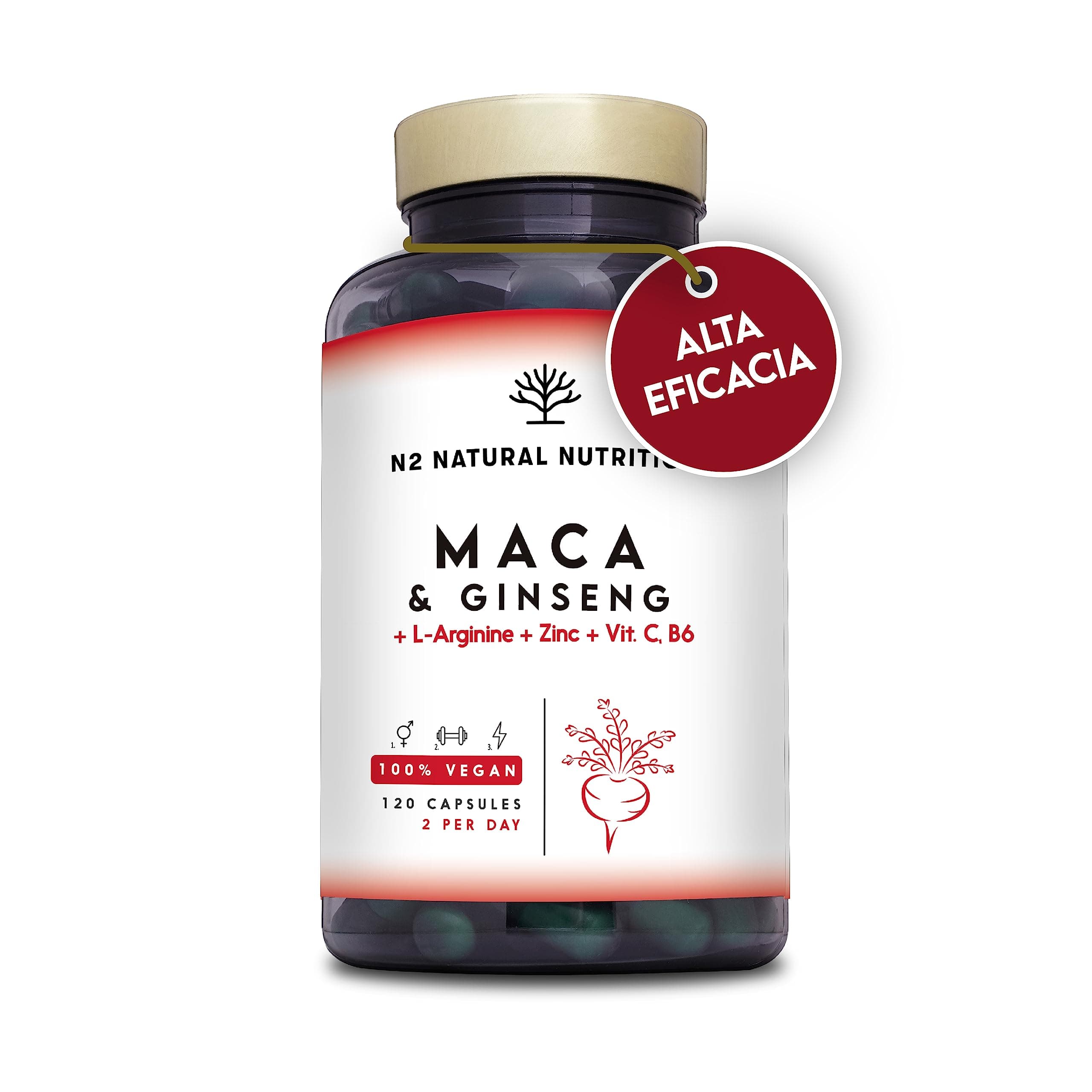 Maca Andina + Gingseng + L Arginina. Triple Energía. Zinc, Vitamina C y B. Rendimiento deportivo. Reduce Cansancio y Fatiga. Antioxidante. 120 cápsulas, 60 días. CE. Vegano. N2 Natural Nutrition