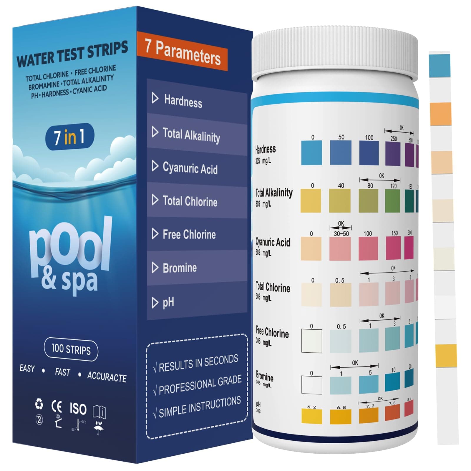 7 en 1 Bandelette Piscine, Languette Piscine, Testeur Piscine, Bande Test Piscine, Test TAC pour Piscine : pH, Chlore Libre, Chlore Total, Brome, Dureté Totale, Alcalinité Totale, Acide Cyanurique CYA