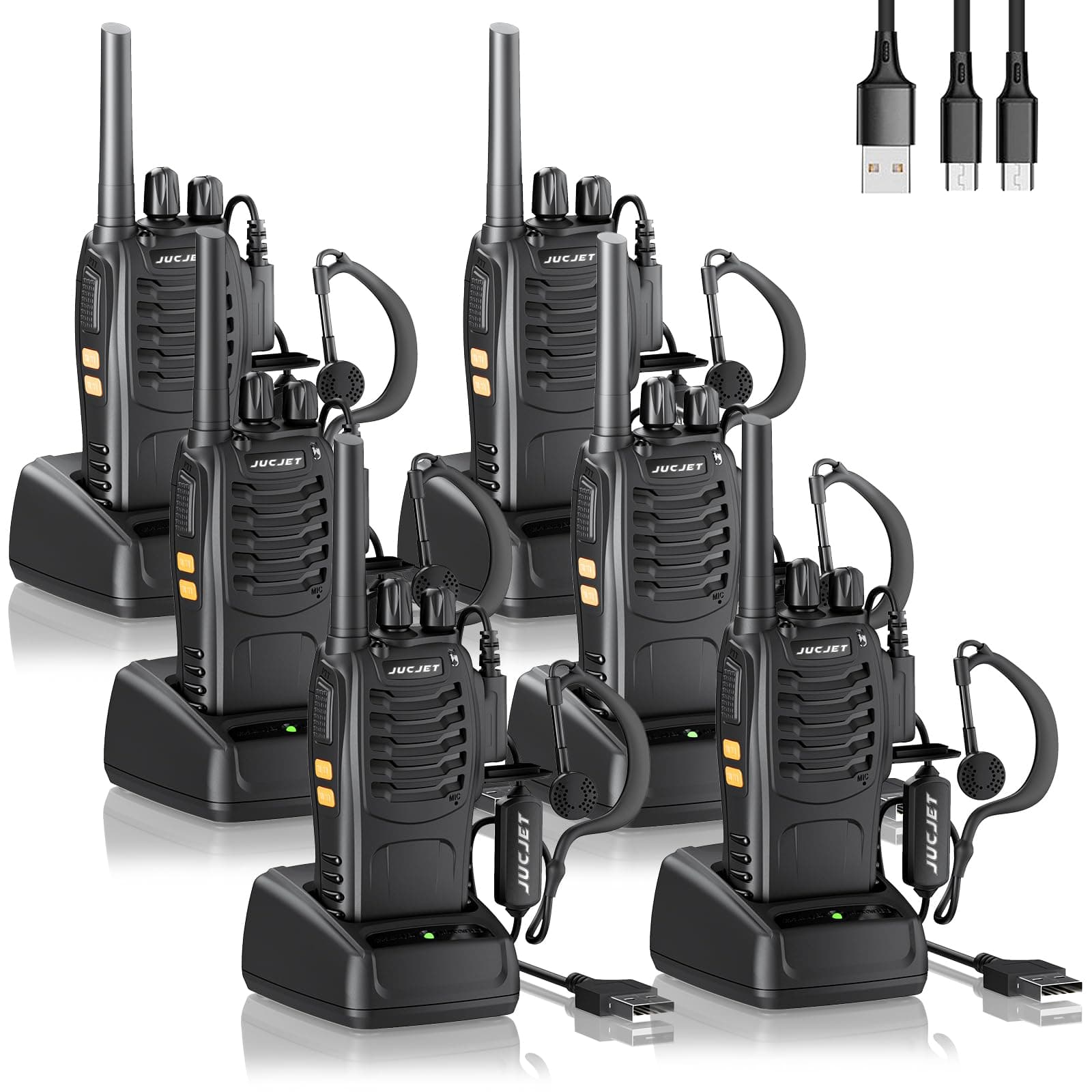 JUCJET 88E Walkie Talkie, Licence-Free PMR446 16 Channel Radios, Handheld Radio, Built-in LED Torch with USB Connection and Headset (Black-6 Pack)