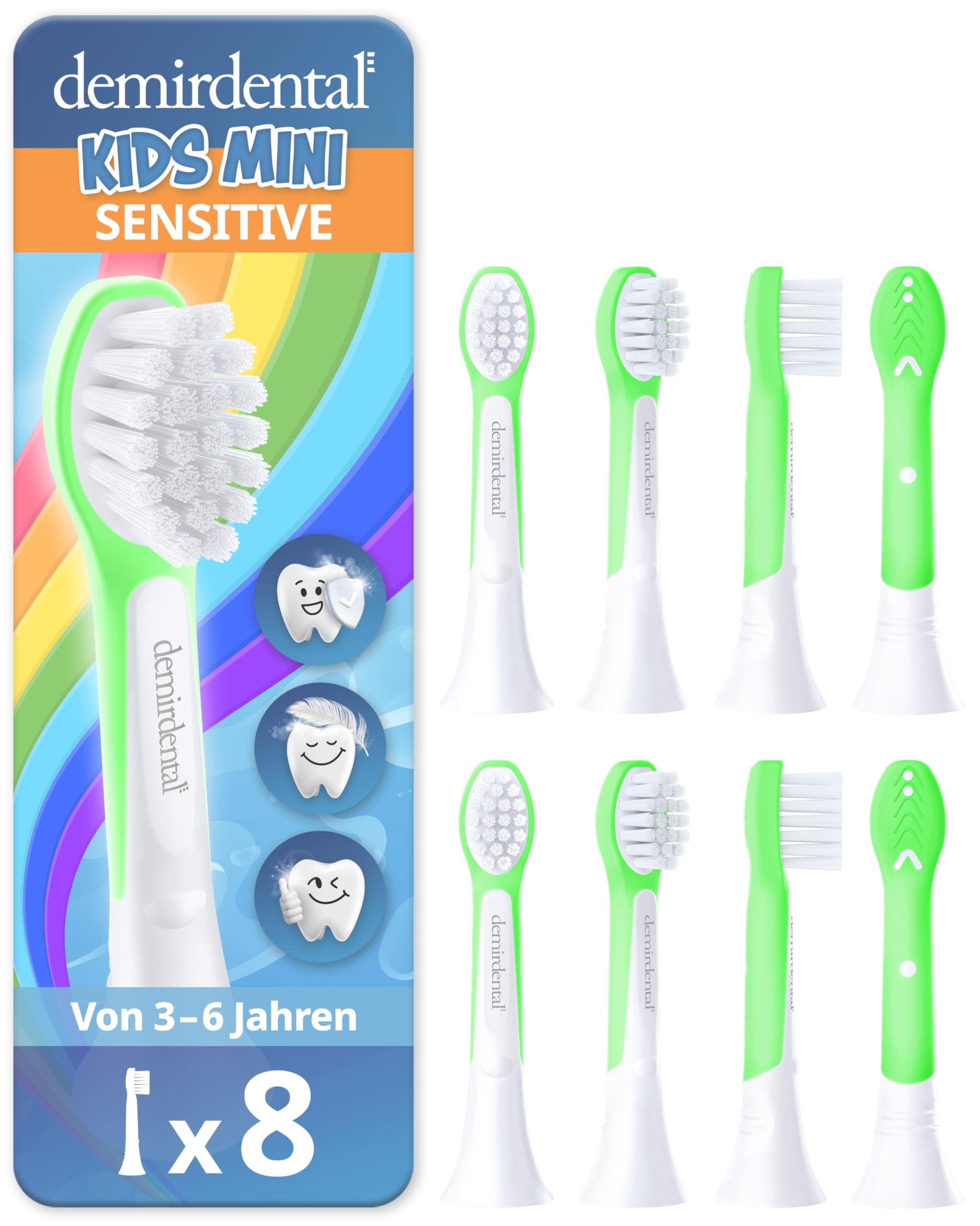 demirdental Ersatzbürsten für Kinder passend für Philips Sonicare Ersatzbürsten Kids, Compact Mini geeignet für 3-6 Jahre, entspricht HX6034 HX6038, Grün, 8er Set