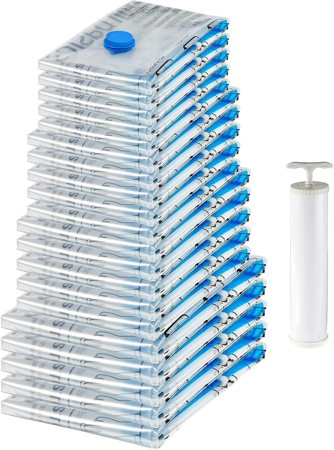Amazon Basics Cerniera Sacchetti di stoccaggio sottovuoto con Pompa a Mano, 20 unità (5 Piccoli, 5 Medi, 5 Grandi, 5 Jumbo), Molteplici, Trasparente