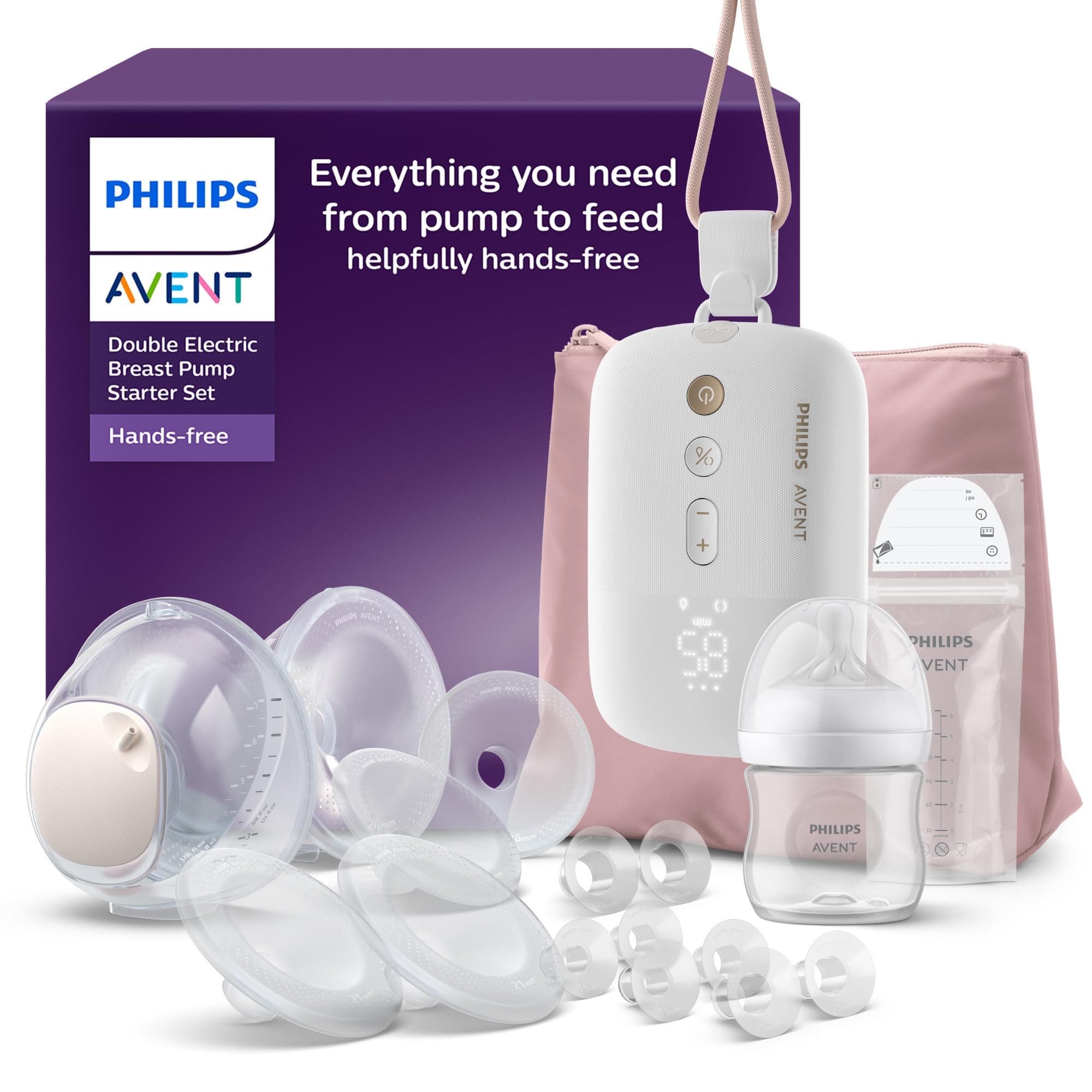 Philips Avent set básico de extractor de leche manos libres, motor con gran capacidad de succión, imita el ritmo de ingesta del bebé, bombea hasta 85 veces por min, SCD553/11
