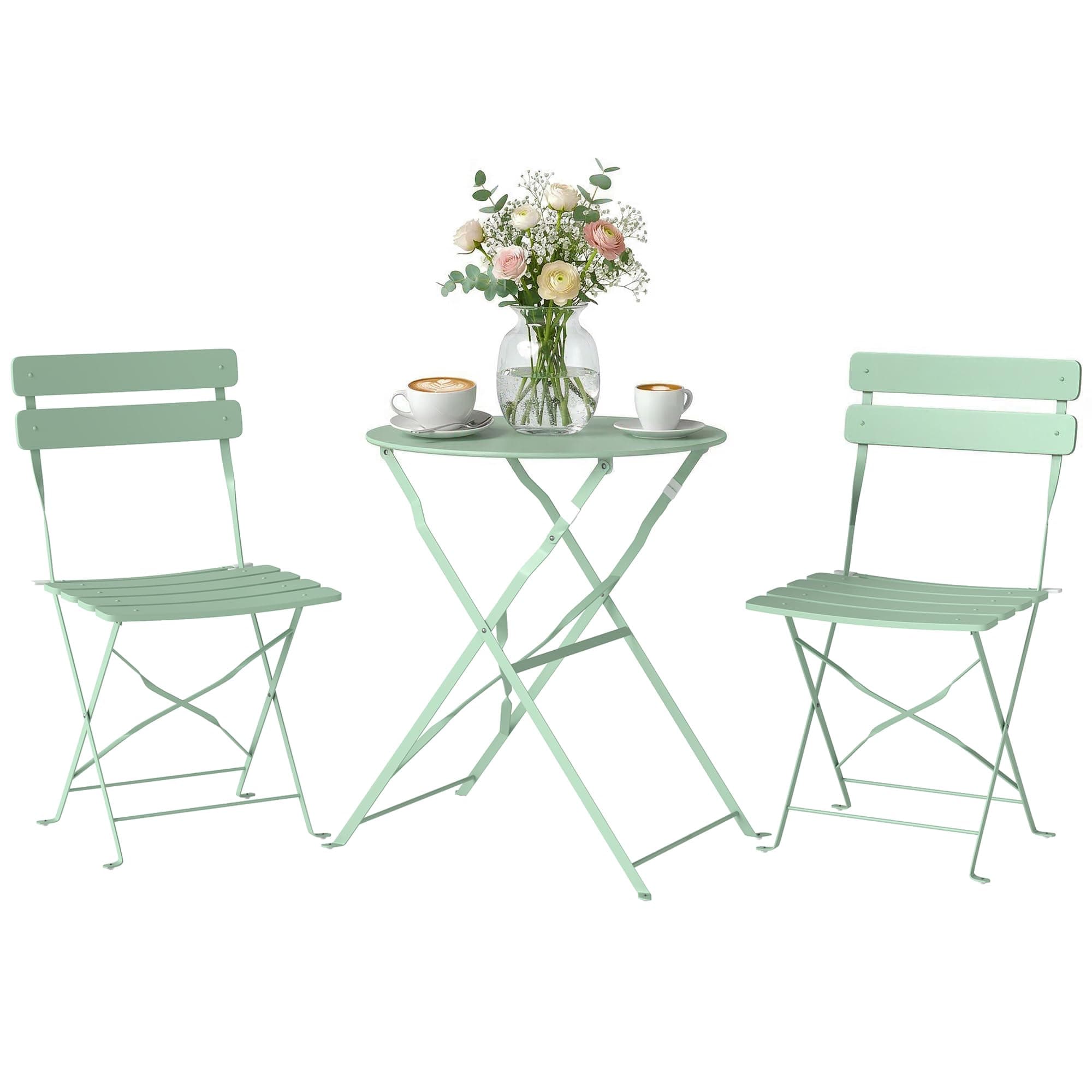 Outsunny Ensemble Bistrot de Jardin 3 Pièces san Montage - Table et 2 Chaises Pliantes à Lattes en Métal avec Double Protection Antirouille - Mobilier de Balcon et Terrasse Chic, Vert