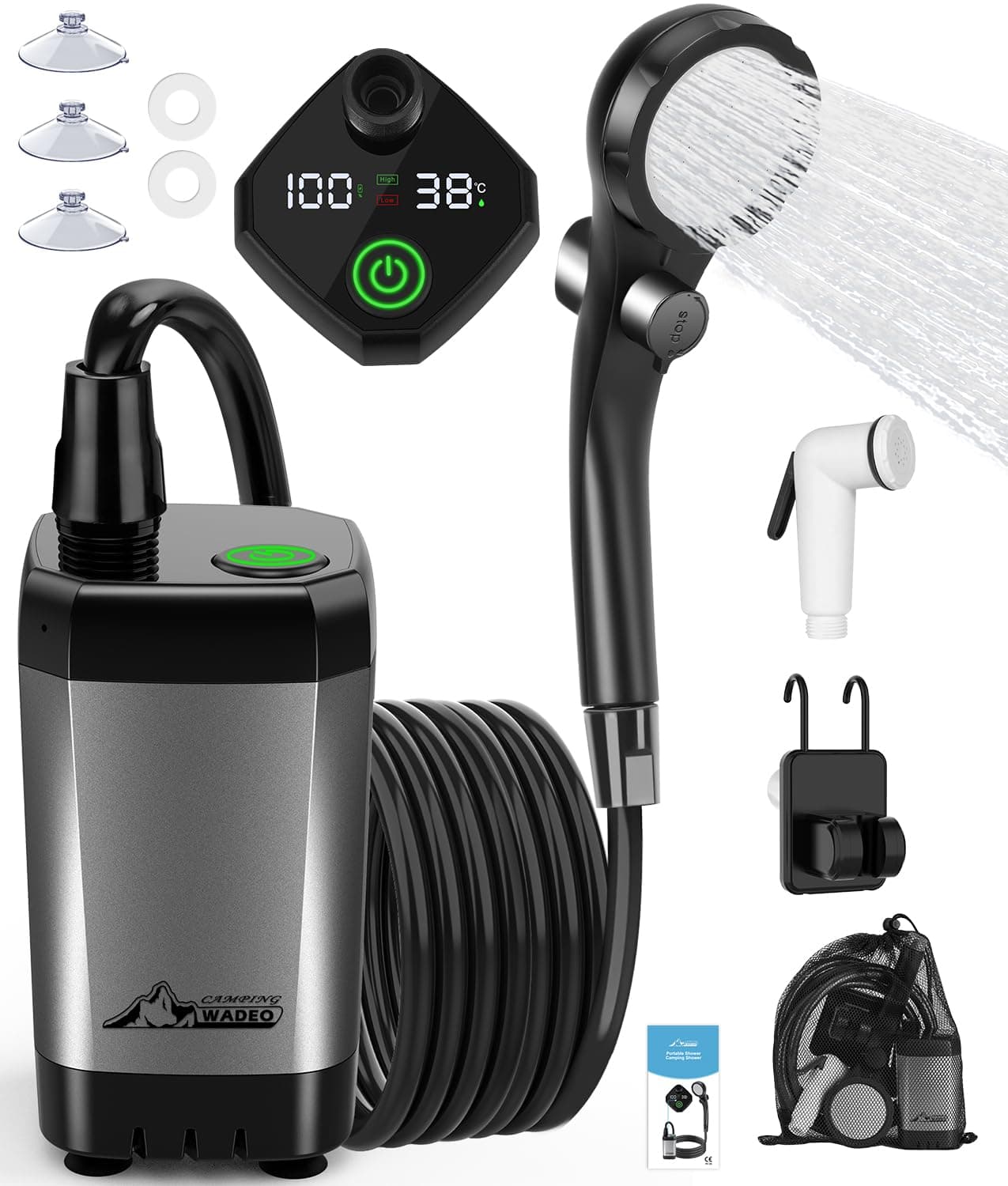WADEO Ducha de Camping portátil con batería y Bomba, Ducha de Camping con batería Recargable 6000/8000mAh, duchas móviles de Exterior con alcachofa y Manguera, para Camping Viajes jardín Coche Lavado
