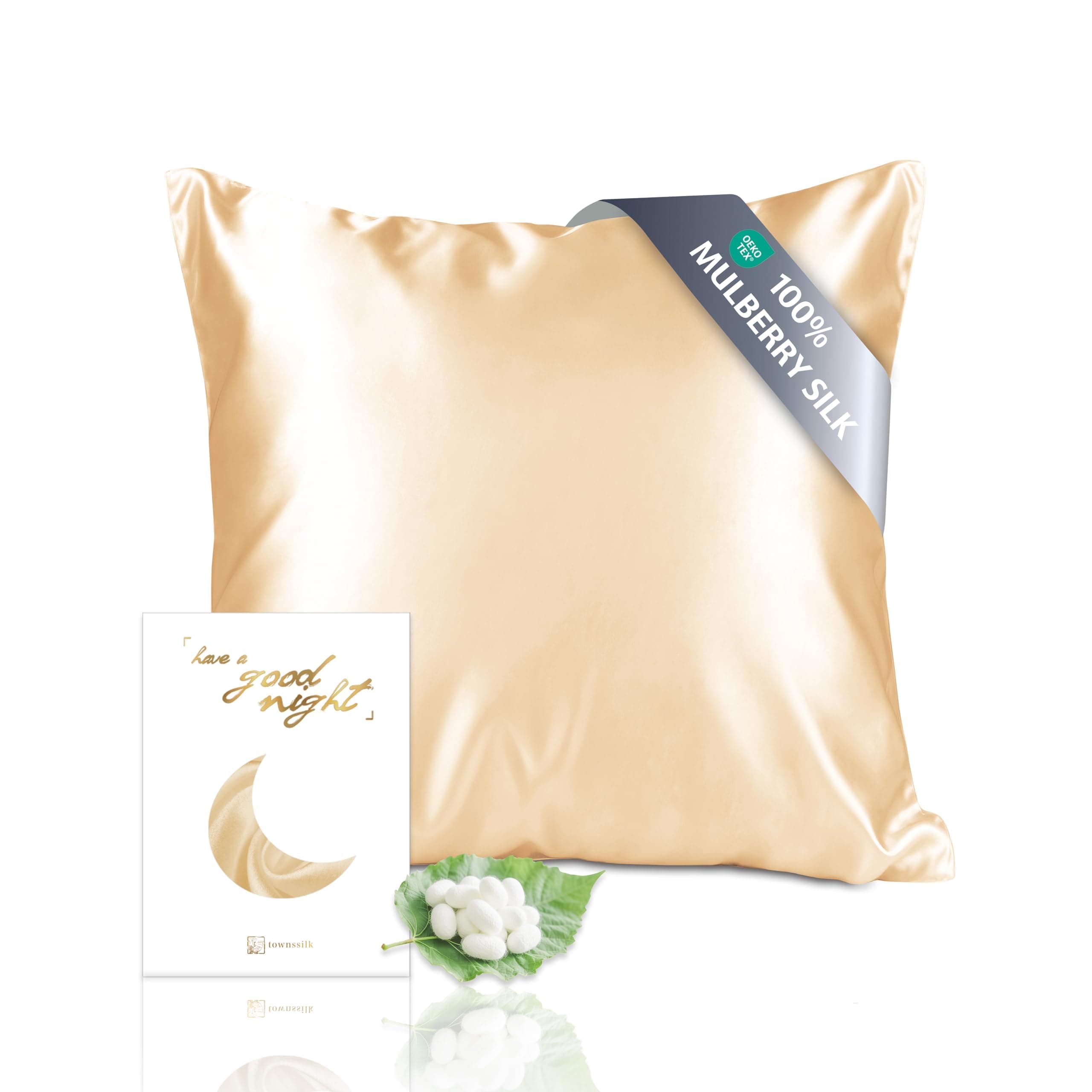 townssilk Taie d'oreiller en Soie, 65x65cm, 100% Soie de mûrier Naturelle 19 Momme, Deux Faces en Soie, certifiée Oeko-Tex, Douce pour la Peau et Les Cheveux, 1 unité,Or Champagne
