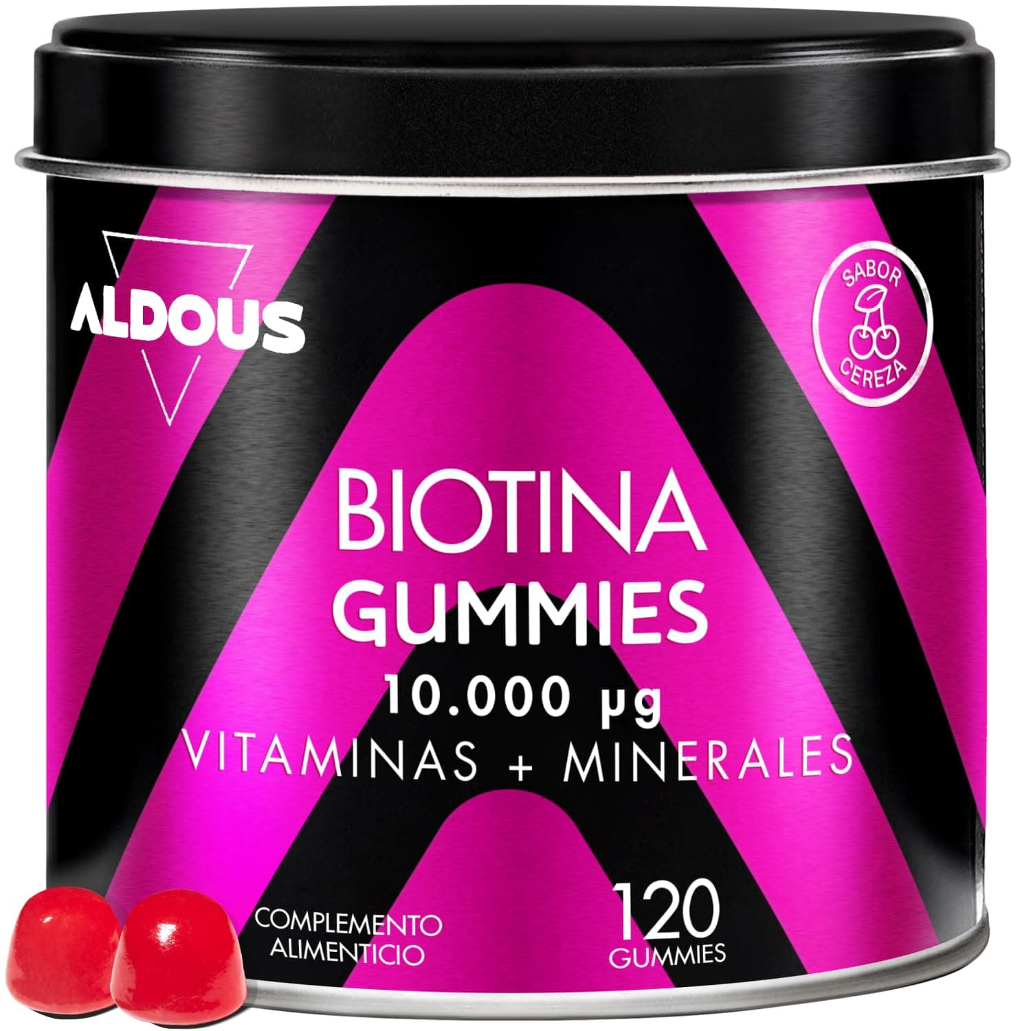 Biotina 120 Gominolas 10.000mcg - Vitaminas para el pelo - Sabor Cereza | Multivitaminas, Acido Folico, Zinc, Selenio, Yodo - Cabello, Piel y Uñas - Vitamina y Minerales - ALDOUS