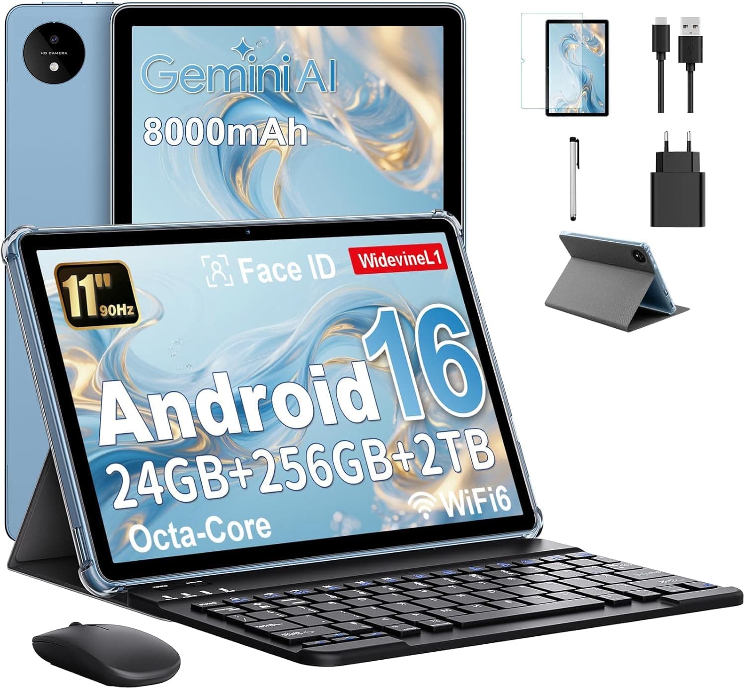 Tableta 11 Pulgadas en Gemini AI, Tableta Android 16 en Funda, Teclado & Ratón, Octa-Core, 24 GB RAM + 256 GB ROM + 2 TB TF, 1920x1200 Pantalla HD, 90 Hz, Cámara Doble 8MP + 13MP, 8000 mAh (Azul)