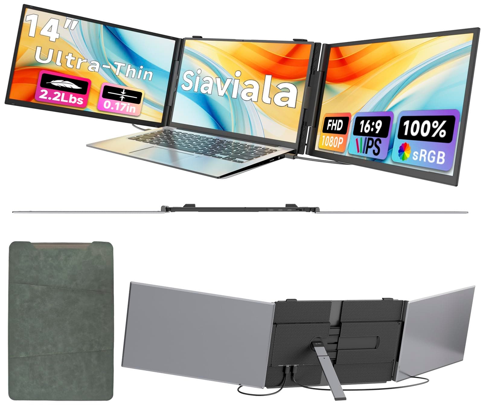 siaviala Extensor Pantalla Portatil 0.17 "Ultra-Fino, 14" 1080P FHD IPS Monitor Portatil, Triple Pantalla para Portatil para computadoras portátiles de 13 "-17", Plug & Play para Mac/Android/Chrome