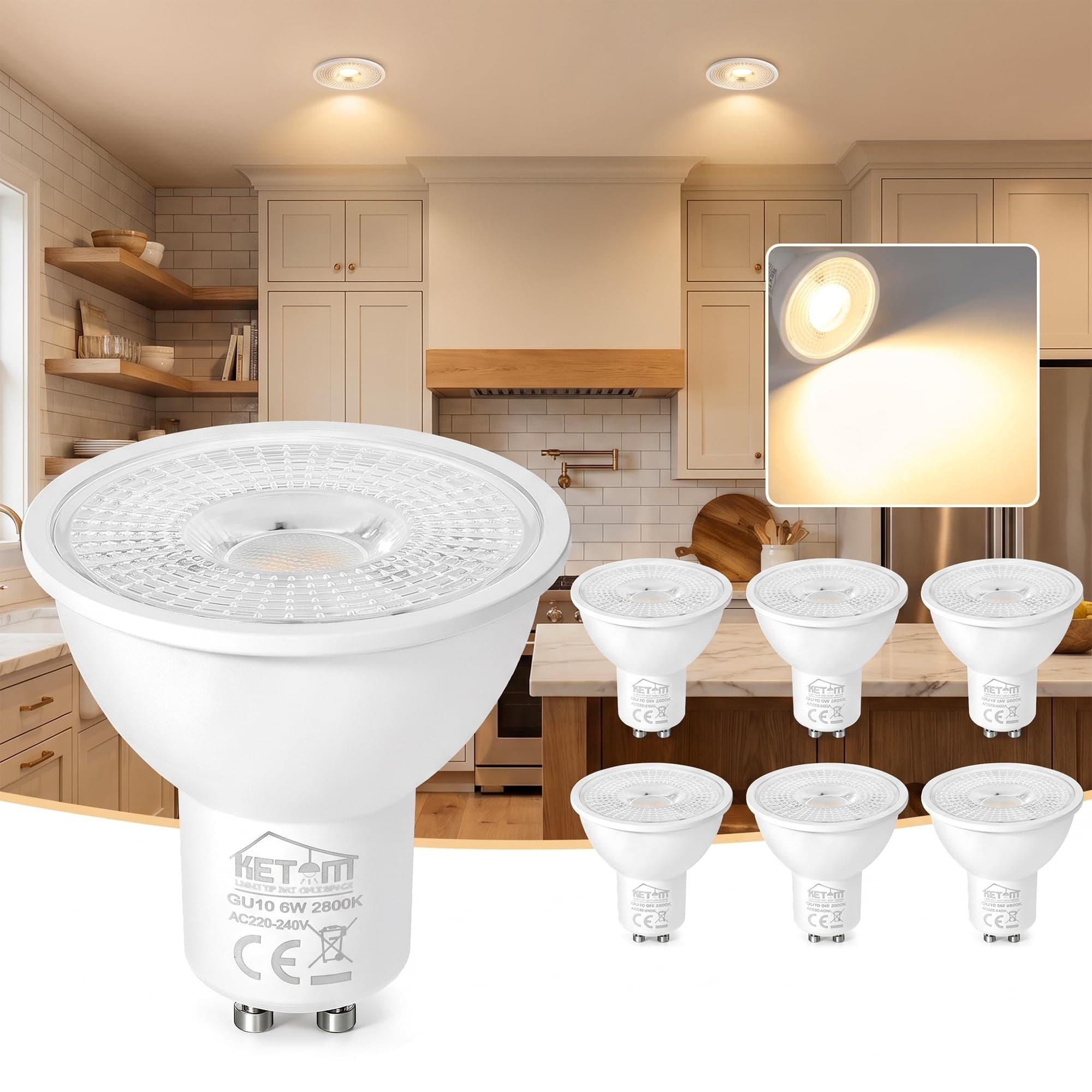 Ketom Lampadine LED GU10 2800K, Faretti LED GU10 Luce Calda, 6 Pezzi | Lampadina 6W (Equivalenti a 60W), 480 Lumen, 120° Angolo del Fascio, Faretto LED GU10, Non Dimmerabili