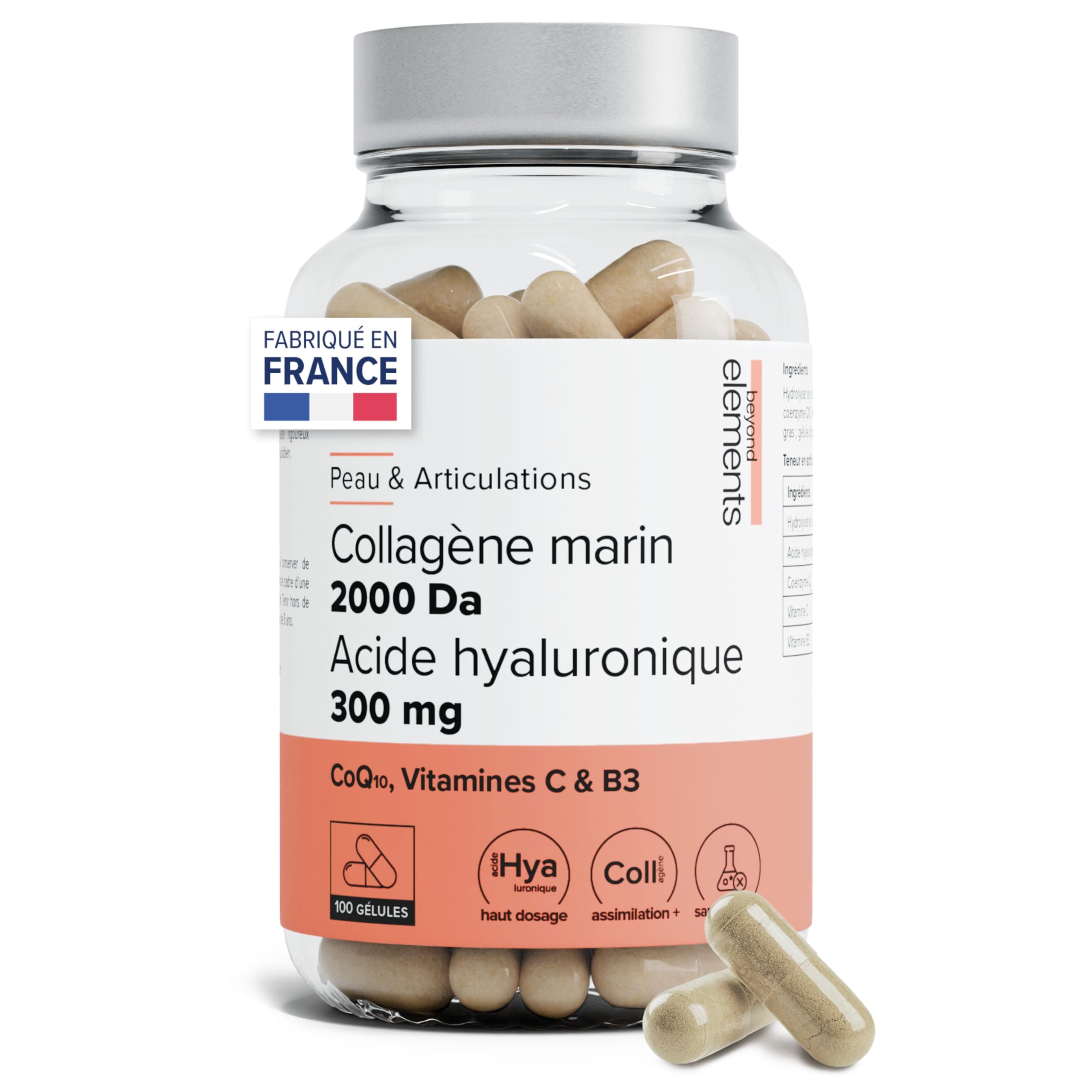 Collagène Marin 2000Da + Acide Hyaluronique 300mg - Types I&III | Haute Absorption pour une Peau hydratée - avec CoQ10, vit C & B3 - Pêche responsable - 100 gélules - Beyond Elements