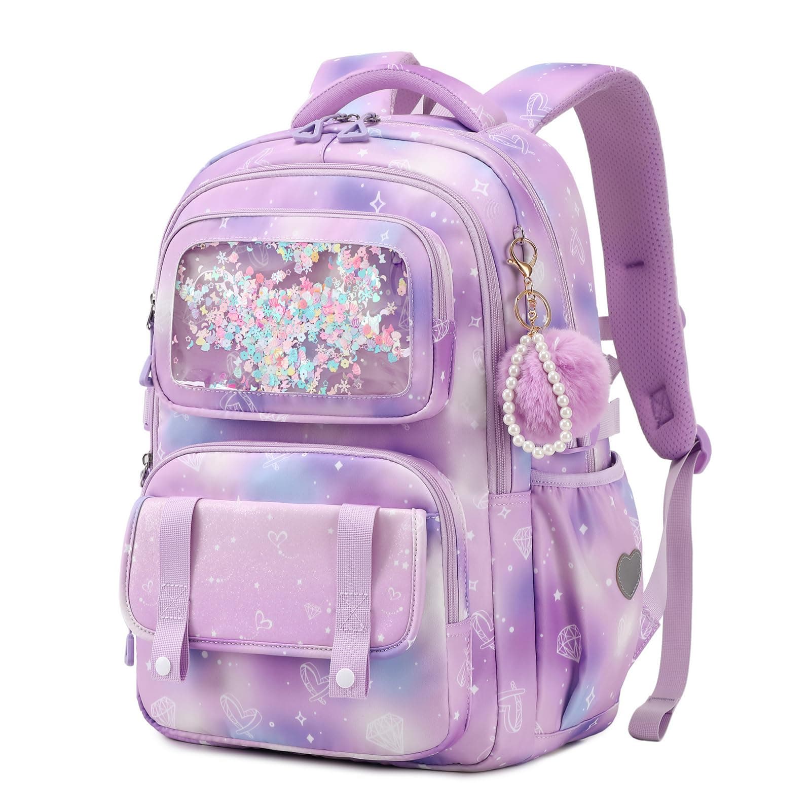 Sisipoet Sac à Dos Enfant Fille, Cartable Fille Primaire, Sac a Dos Galactique à Paillettes, Sacs à Dos Loisir Imperméable et respirant avec Pompon pour L'école et Les Loisirs