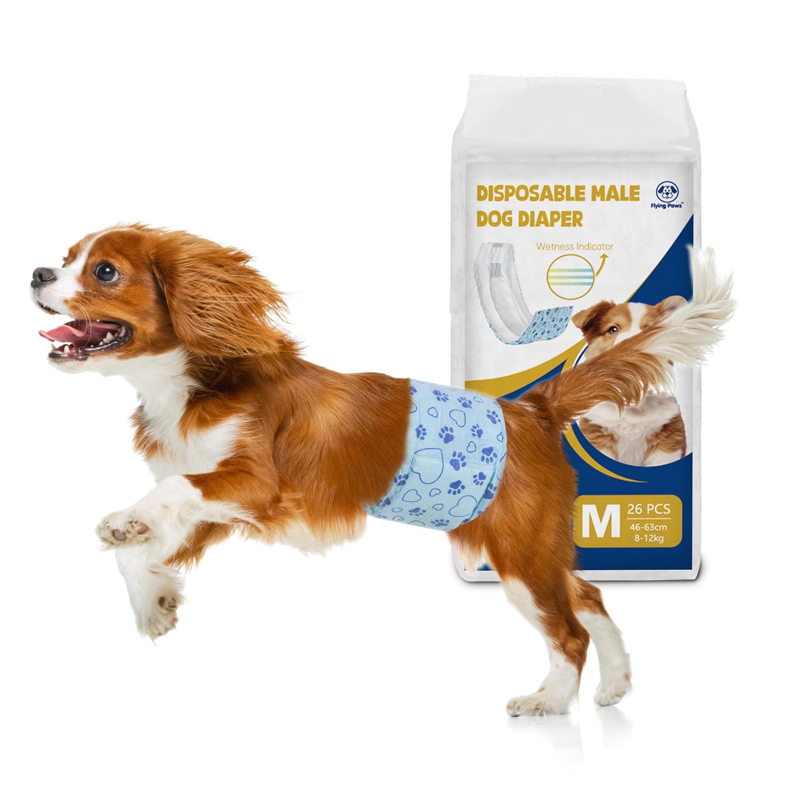 Flying Paws 26 Couches Jetables pour Chien Mâle M, Indicateur d'Humidité Culottes Hygéniques Super Absorbantes, Bandes Ventrales Anti-Fuites