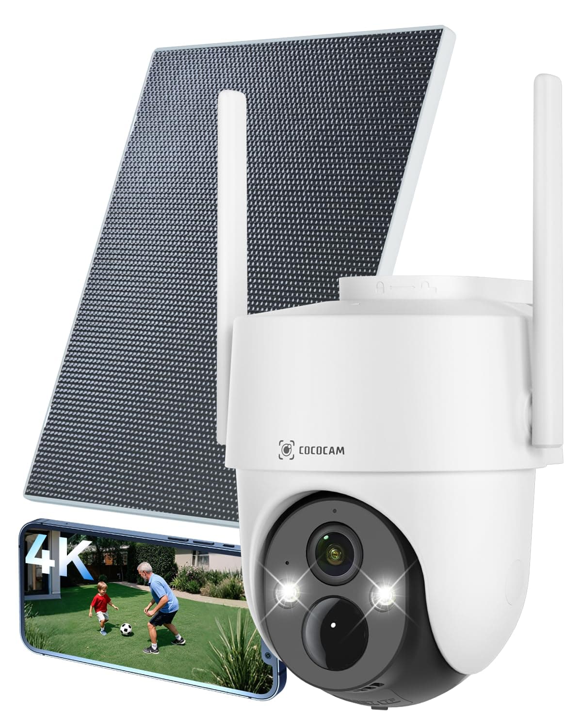 COCOCAM 4K 8MP Camera Surveillance WiFi Exterieure sans Fil Solaire | à Panneau Solaire 6W, Vision Nocturne Couleur 4K, Reconnaissance par IA, Détection Humaine PIR, 355°P 90°T