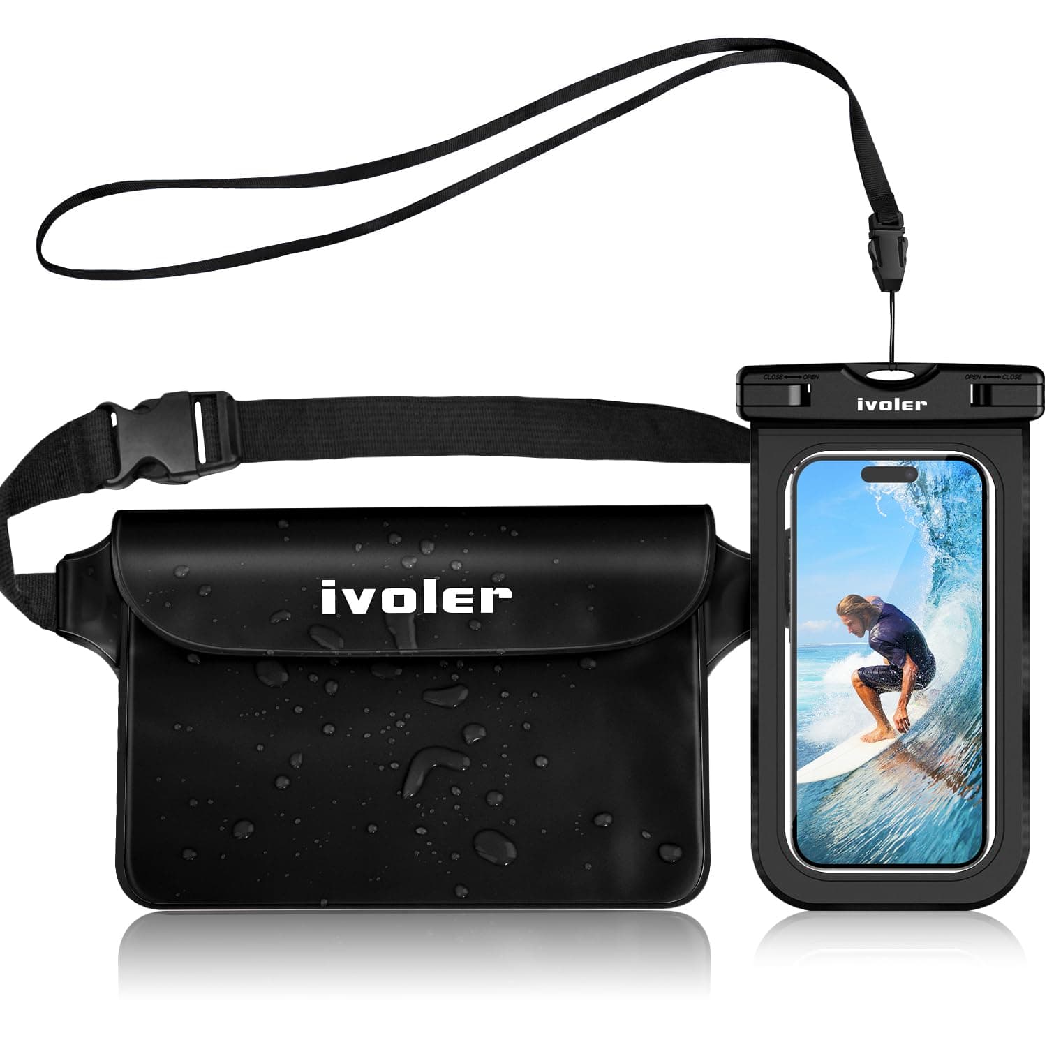 ivoler Set de Bolsa Waterproof con Riñonera Impermeable Bolsa Cintura y Funda Móvil Impermeable para Playa Natación Canotaje Pesca, Protección Teléfono Móvil, Cámara, Documento, Pasaporte (Negro)