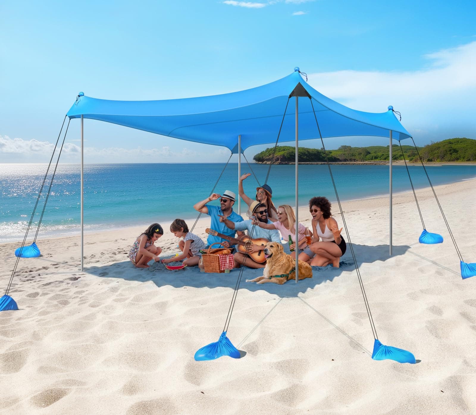 Rhino Valley 3x3m Tenda da Spiaggia Ultra Stabile Portatile, Protezione UV UPF50+ Tenda da Mare Super Antivento con 8 Ancoraggi a Sabbia Riempibili e 4 Aste in Alluminio