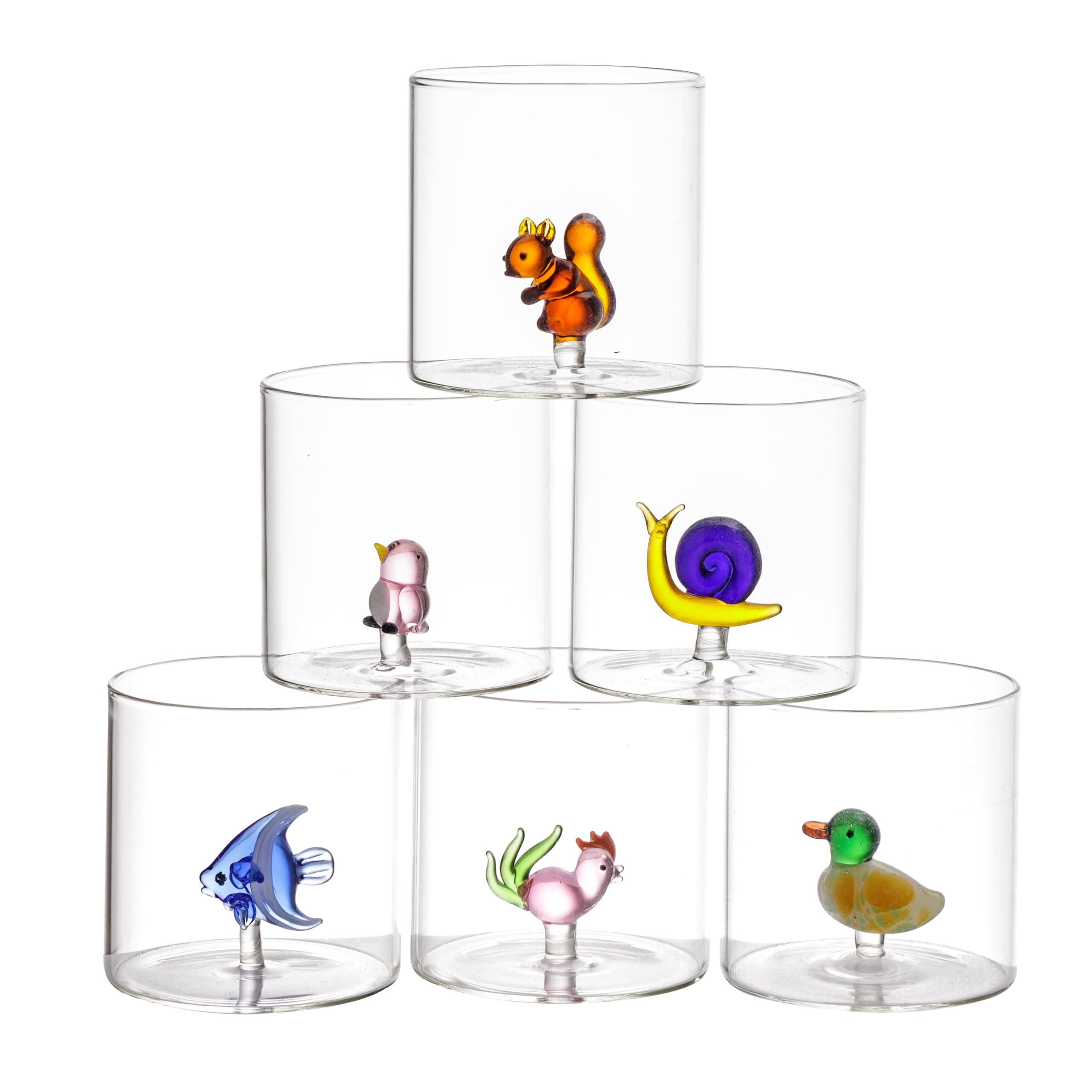 Baroni Home Set 6 pz Bicchieri in Vetro Borosilicato da 32 CL, Bicchieri Trasparenti Colori Assortiti, Lavabili in Lavastoviglie, 8x8x8,5 cm, Animali