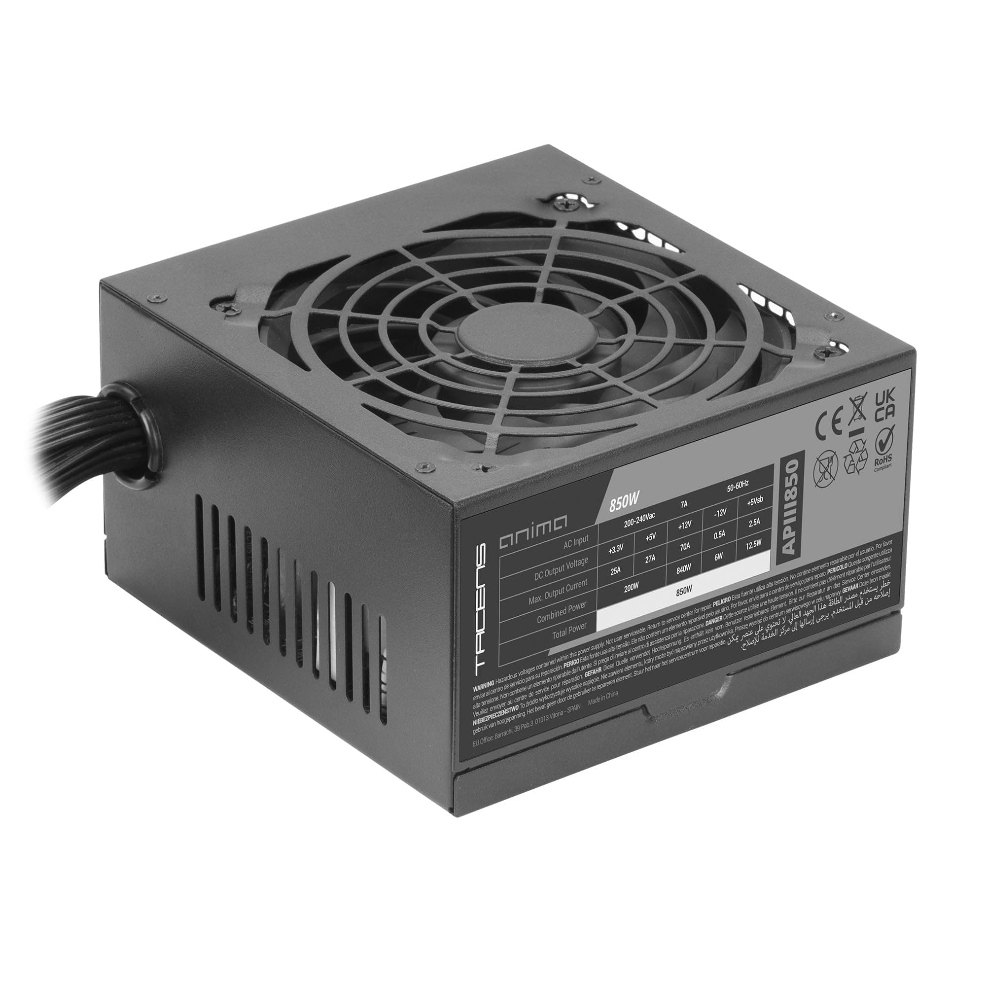 TACENS ANIMA APIII850, Fuente de Alimentación ATX 850W, Tecnologías SMD y DC-DC, 85% Eficiencia 12V, Ventilador Ultra-silencioso 12cm, Condensadores Japoneses 105º, Cables de Fibra de Carbono, Negro