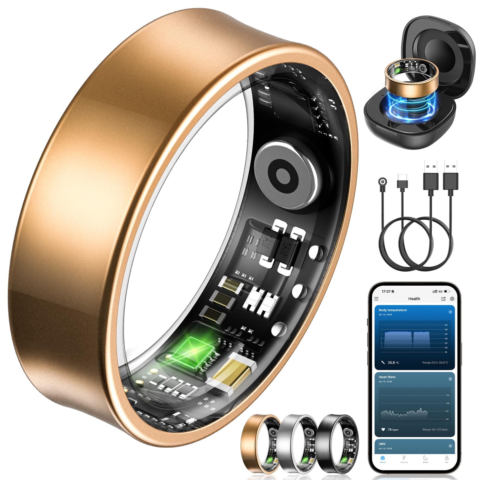 NAIXUES Smart Ring Uomo Donna, Anello Smart Fitness con Controllo Gestuale/Frequenza Cardiaca(HRV)/SpO2/Sonno/170+ Modalità Sport Impermeabil 5ATM, Smartwatch per Android e iOS, Misura 12, Oro