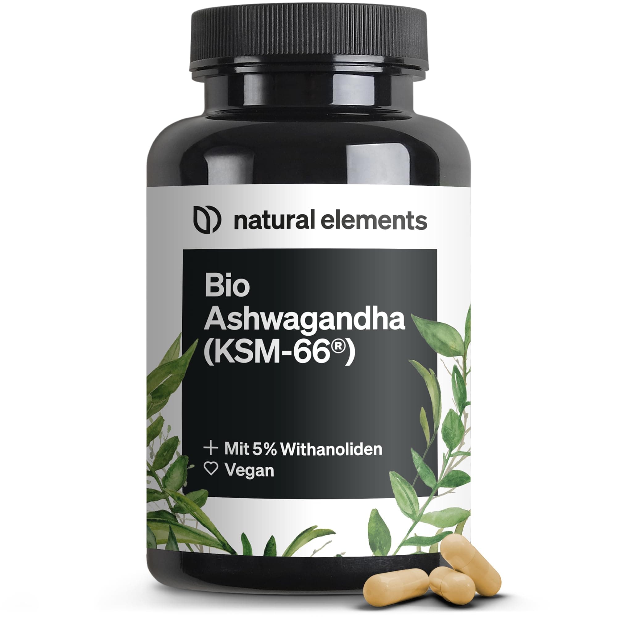natural elements Bio-Ashwagandha – KSM-66® Premiumrohstoff (180 Kapseln mit überdurchschnittlicher Reichweite) – 5% Withanolid-Gehalt – laborgeprüft, vegan und hochdosiert