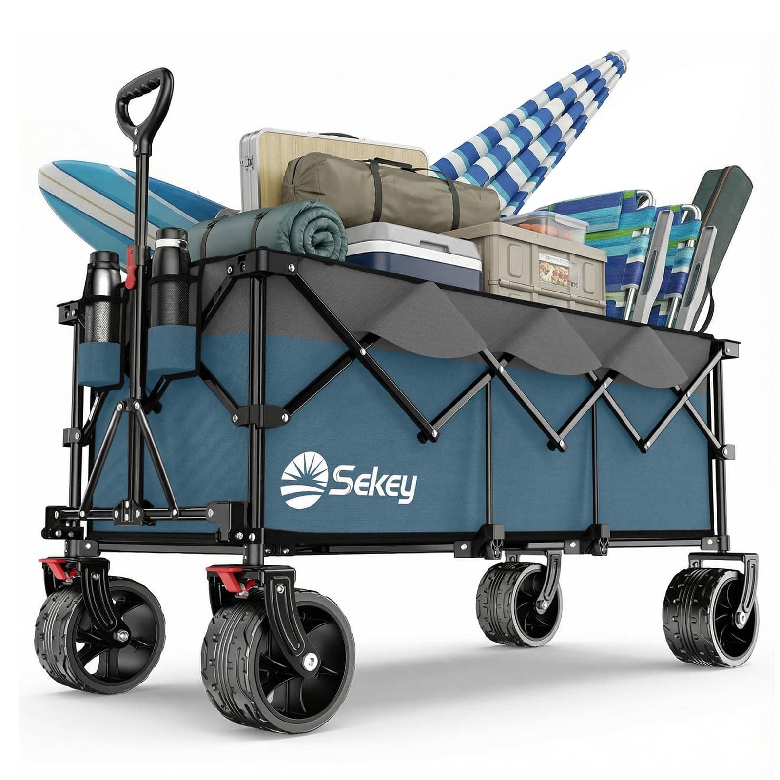 Sekey XXXL Carro Transporte Plegable 300L Capacidad 200KG, Modelo Alargado con Ruedas Todo Terreno 17x10 cm, Patente Sistema 4 Direcciones de Montaje Rápido, Gris con Azul