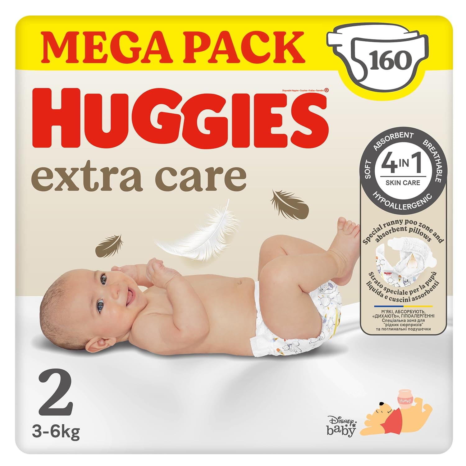 Huggies Extra Care Pañales para Recién Nacido con diseños Disney Talla 2 (3-6 kg) 160 pañales, con almohadillas suaves y 2 zonas absorbentes